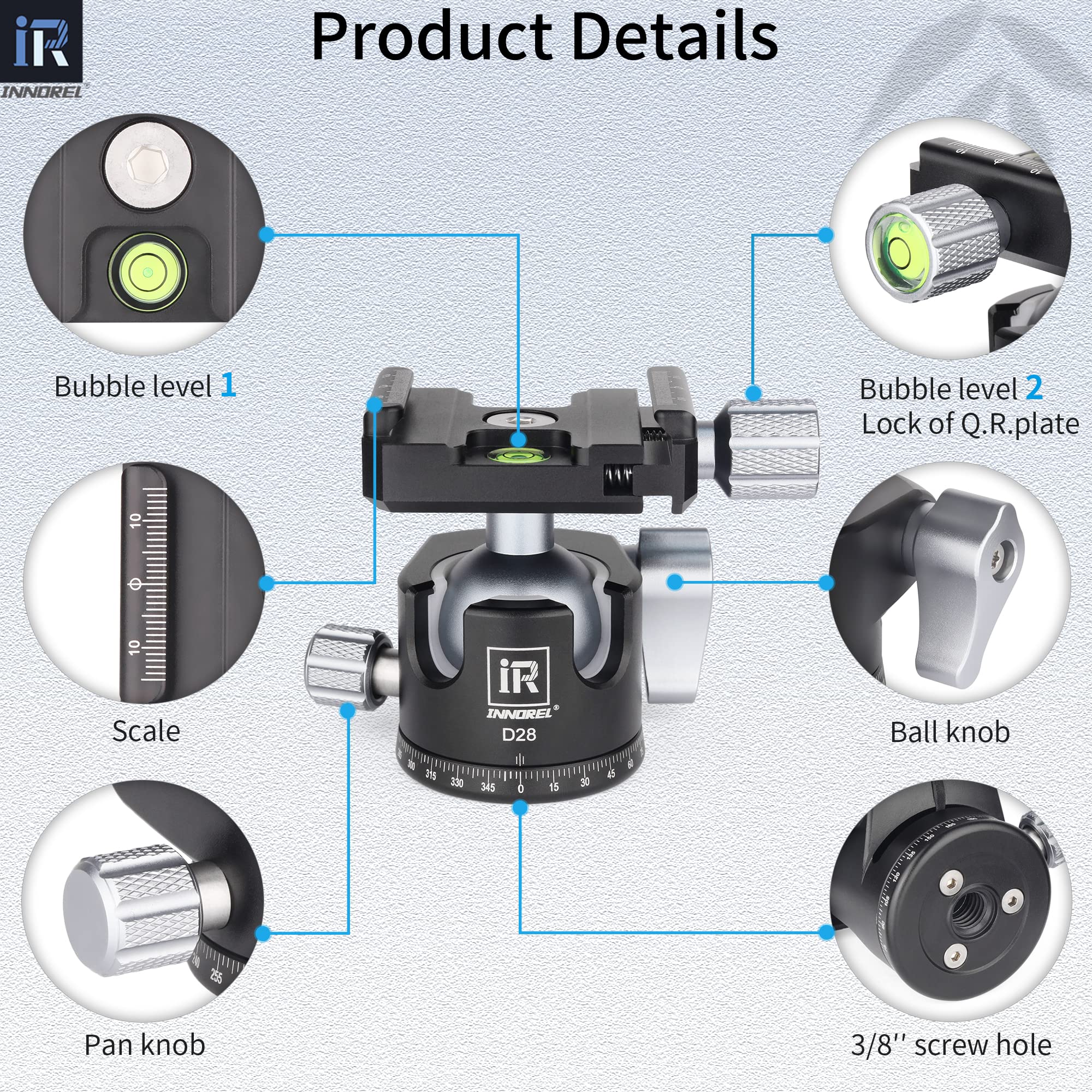 Innorel D28 28Mm Low Profile Tripod Ball Head Professional All Metal Cnc 360� Panoramic Camera Tripod Head For Monopod,Dslr Cameras,Camcorder,Dv With 1/4' Arca Swiss Quick Release Plate Load 22Lb/10Kg
