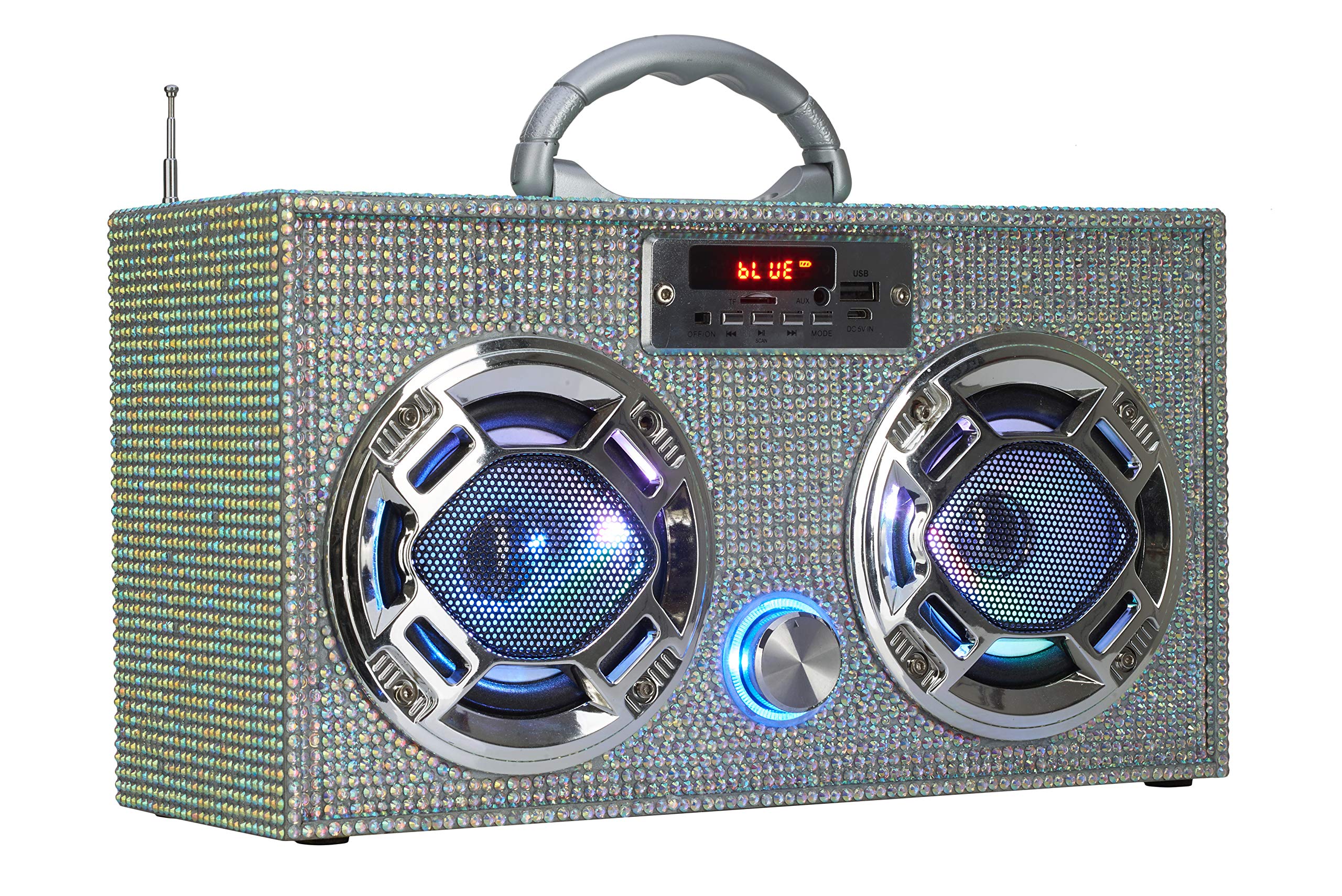 Wireless Express   Mini Boombox With Led Speakers   Retro Bluetooth Speaker W/Enhanced Fm Radio   Perfect For Home And Outdoor (Iridescent Bling)