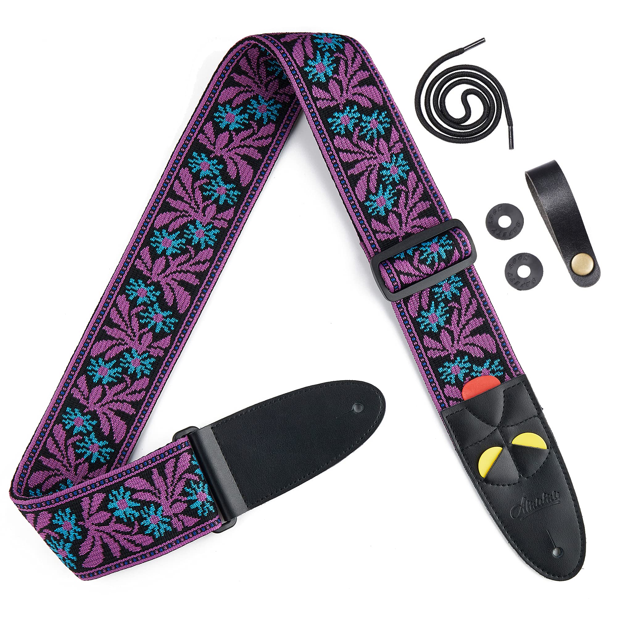 AMUMU Guitar Strap Jacquard Purple Blue Flower for Bass, Electric & Acoustic Guitar Accessories, Purple, 5