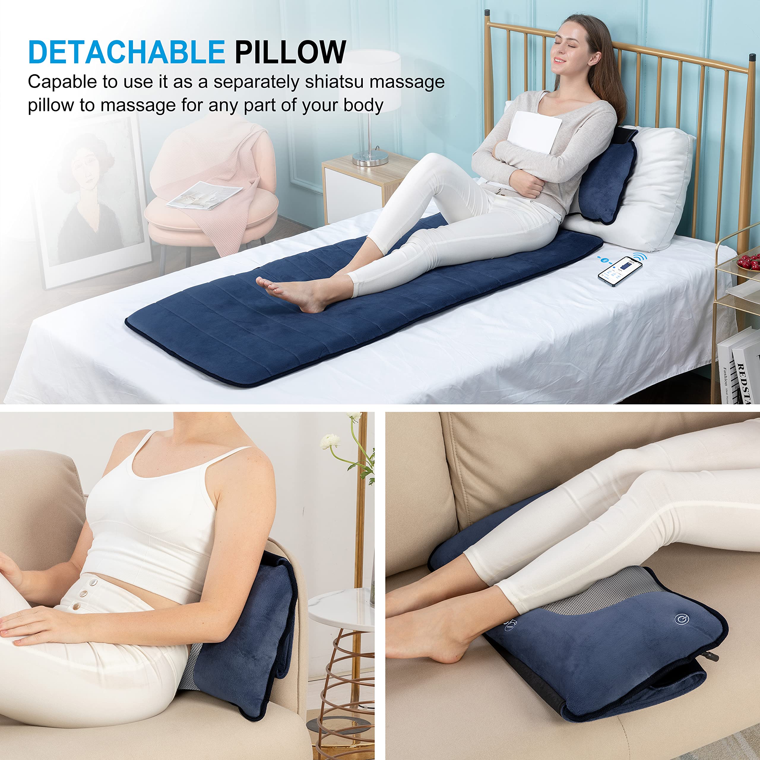 Comfier Full Body Massage Mat,10 Vibrating Motors Massage Pad With App Control And Movable Shiatsu Neck Massage Pillow, 4 Heatin