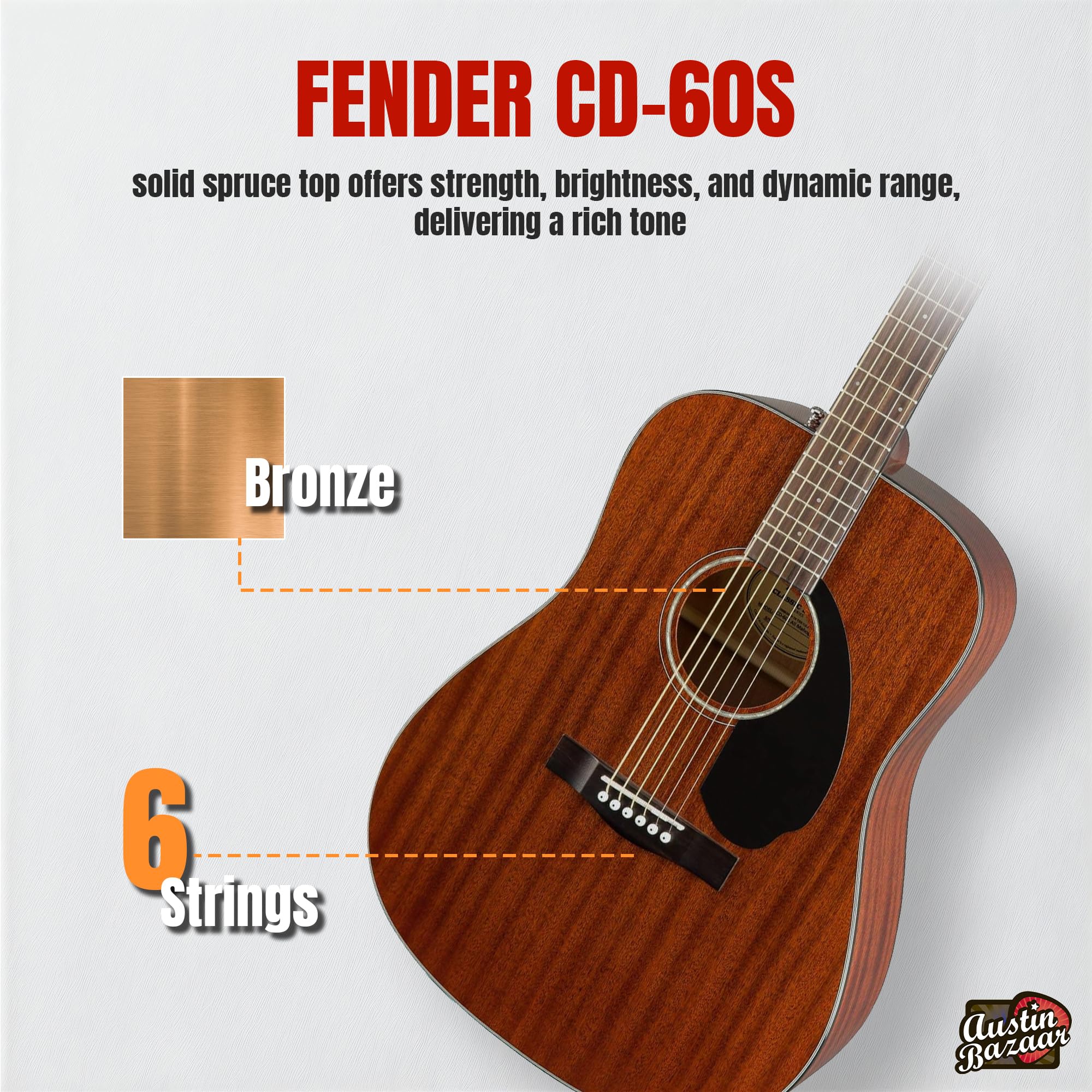 Fender Cd-60S Solid Top Dreadnought Acoustic Guitar - All Mahogany Bundle With Hard Case, Tuner, Strap, Strings, Picks, And Aust