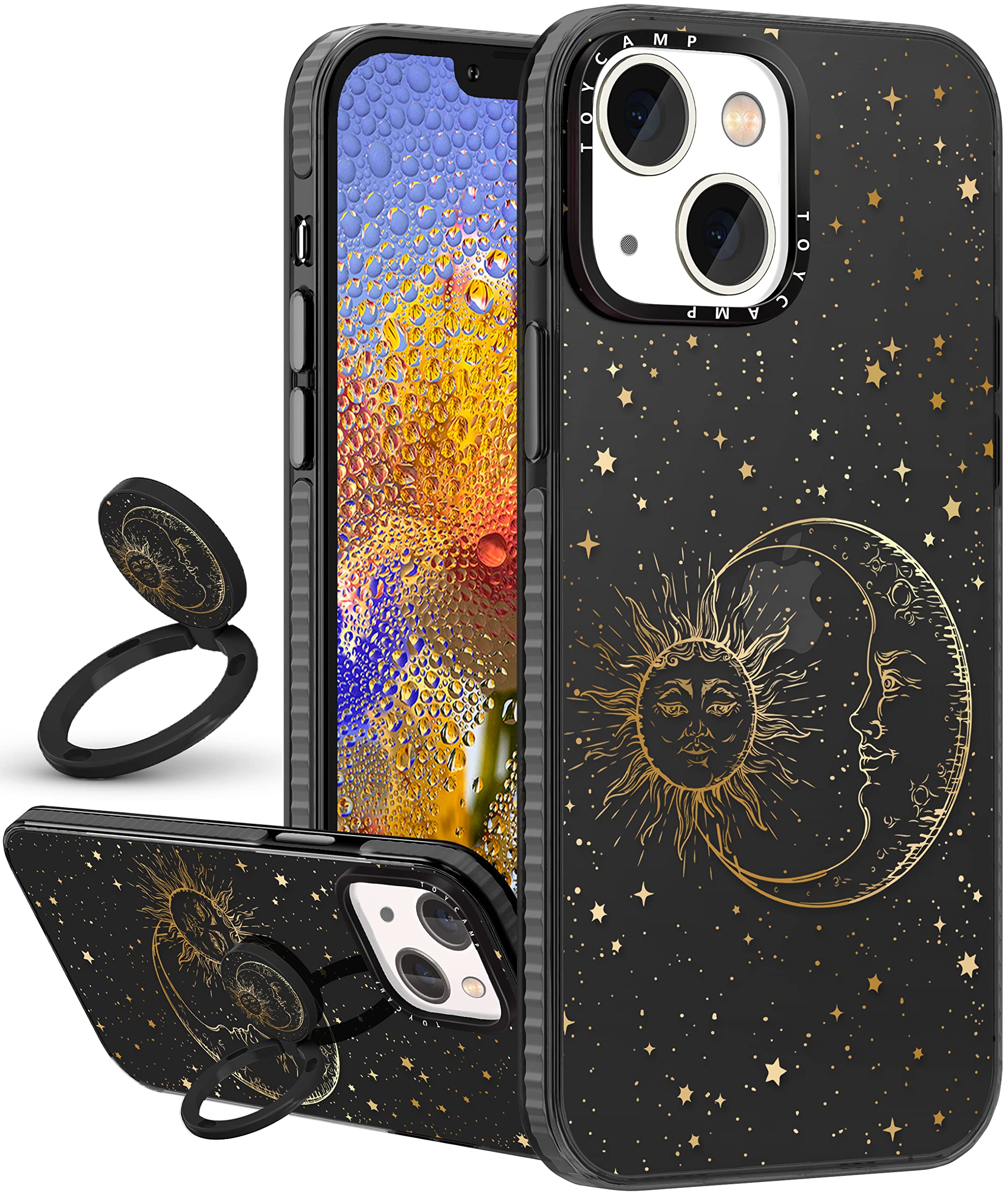 Toycamp For Iphone 13 Case, Sun Moon Stars Design For Women Mens Girls Boys Teens Cool Fantasy Glitter Print Case With Ring Kick