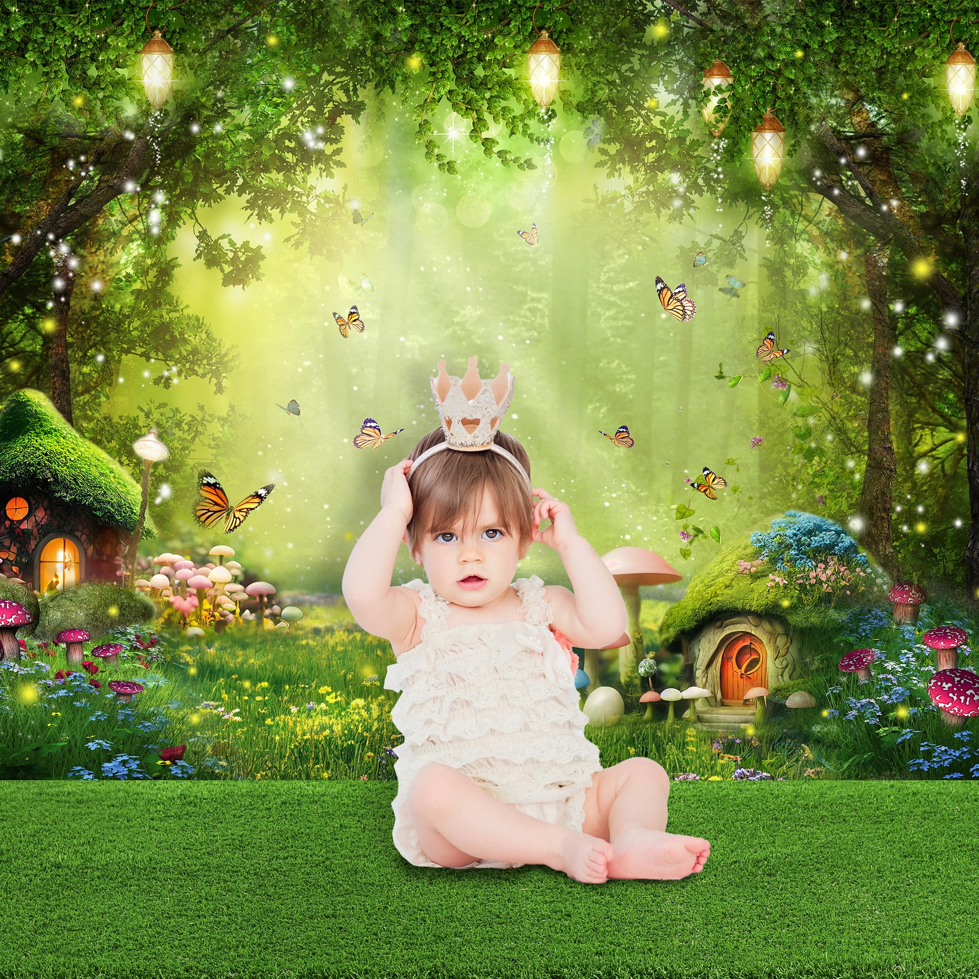 Imirell Enchanted Backdrop 7Wx5H Feet Fairy Tale Wonderland Mushroom Greenery Woodland Butterfly Flower Polyester Fabric Spring