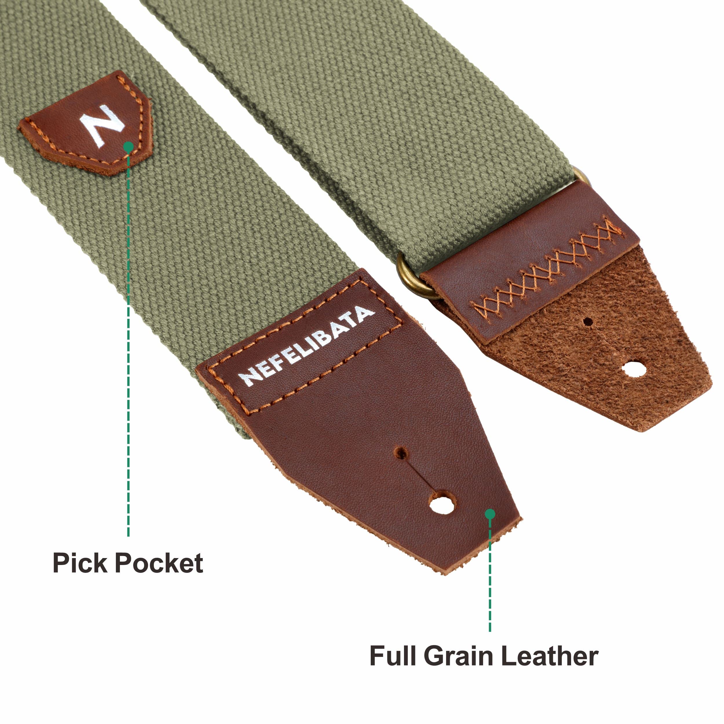 Nefelibata Guitar Strap With Pick Pocket, 100% Cotton Full Grain Leather End Guitar Strap For Acoustic Guitar, Electric Guitar,