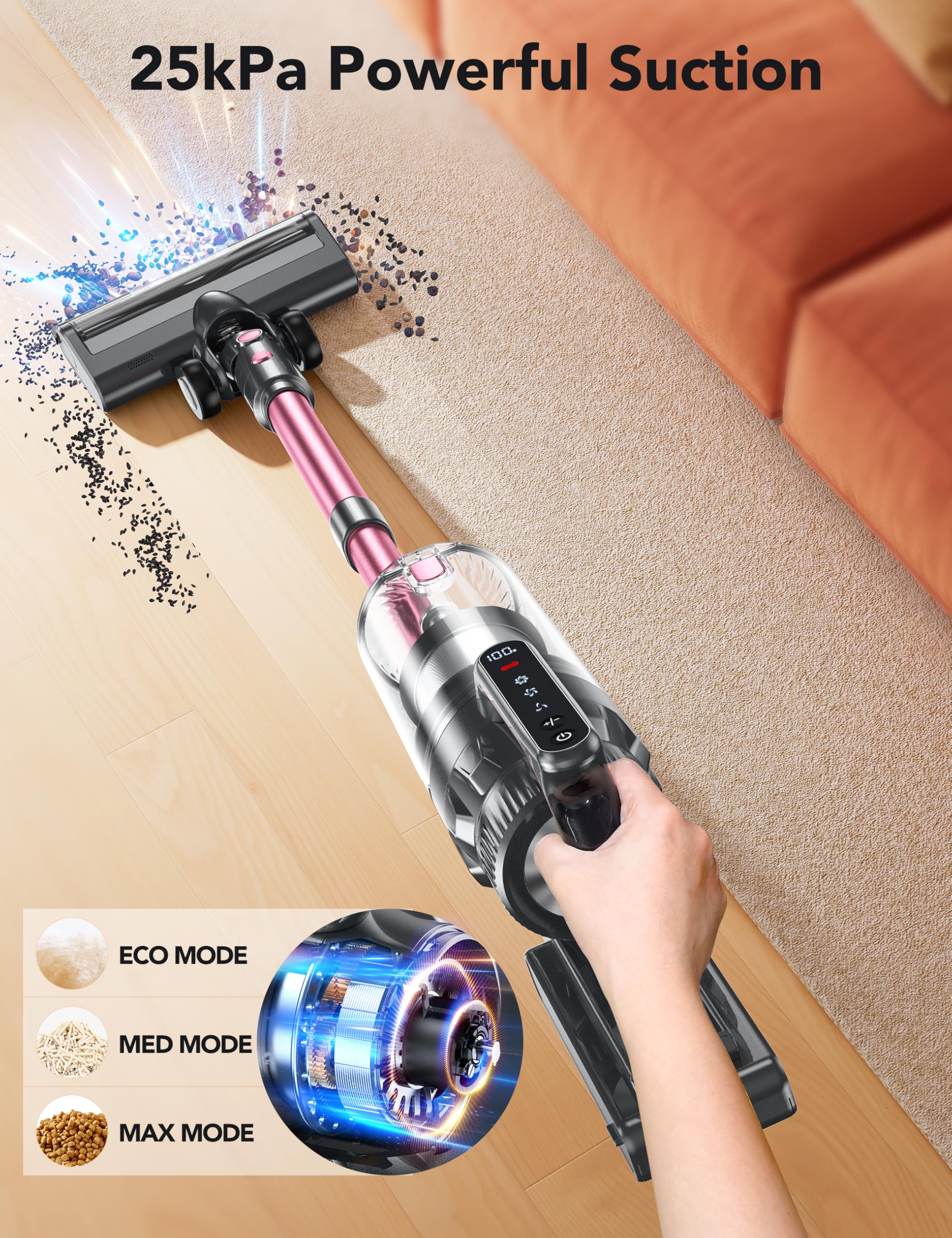 Qikcln Cordless Vacuum Cleaner, 23000Pa Powerful Lightweight Stick Vac With Led Headlights, 45 Minutes Runtime, 3 Modes, Handhel