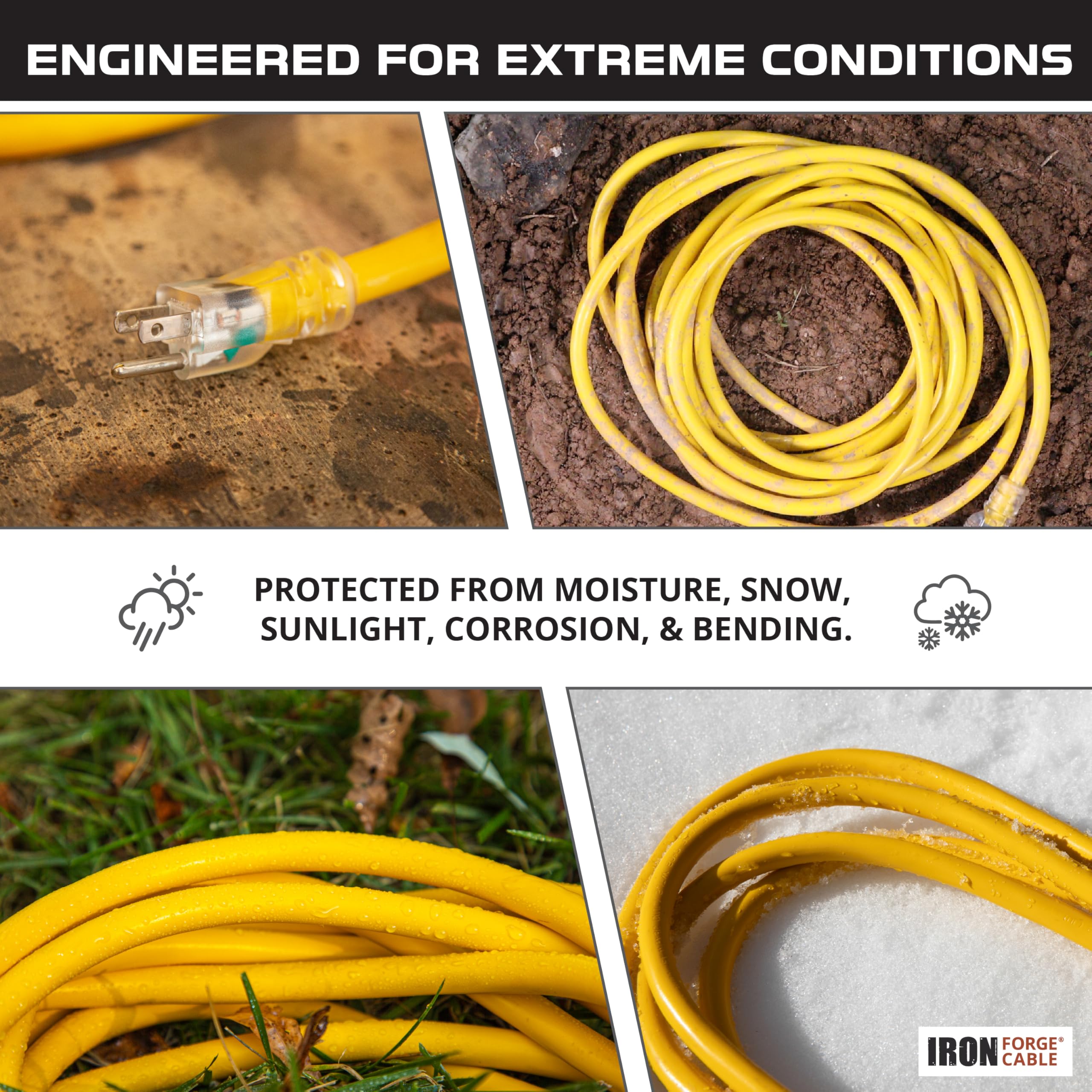 Iron Forge Cable 2 Foot Lighted Outdoor Extension Cord With 3 Outlets - 12/3 Sjtw Heavy Duty Yellow Extension Cable 3 Prong - Mu