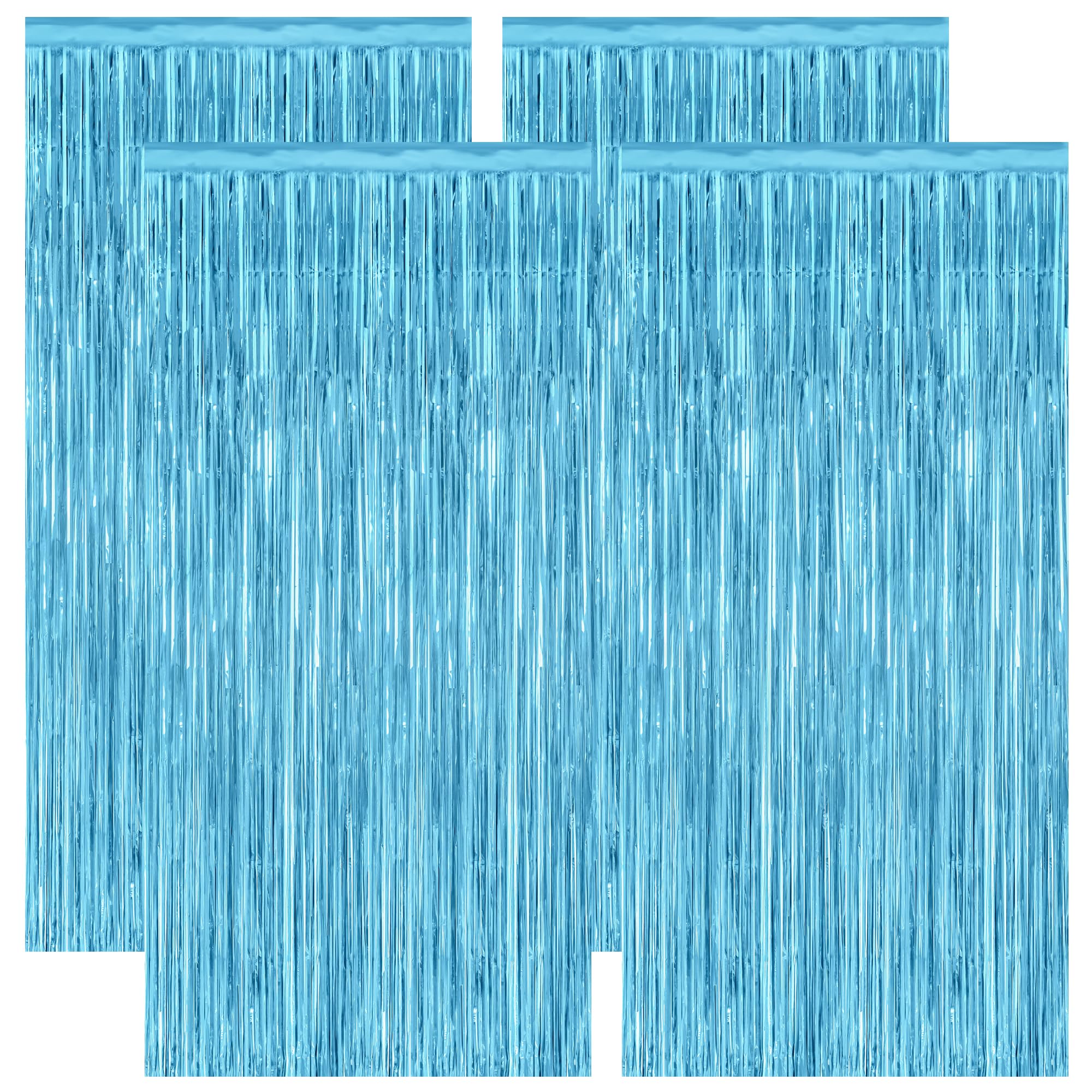 4 Pack Party Decorations, 3.28 FT x 7.05 FT Blue Foil Streamers, Metallic Sky Blue Backdrop Fringe Curtains Bithday Back Drop, W