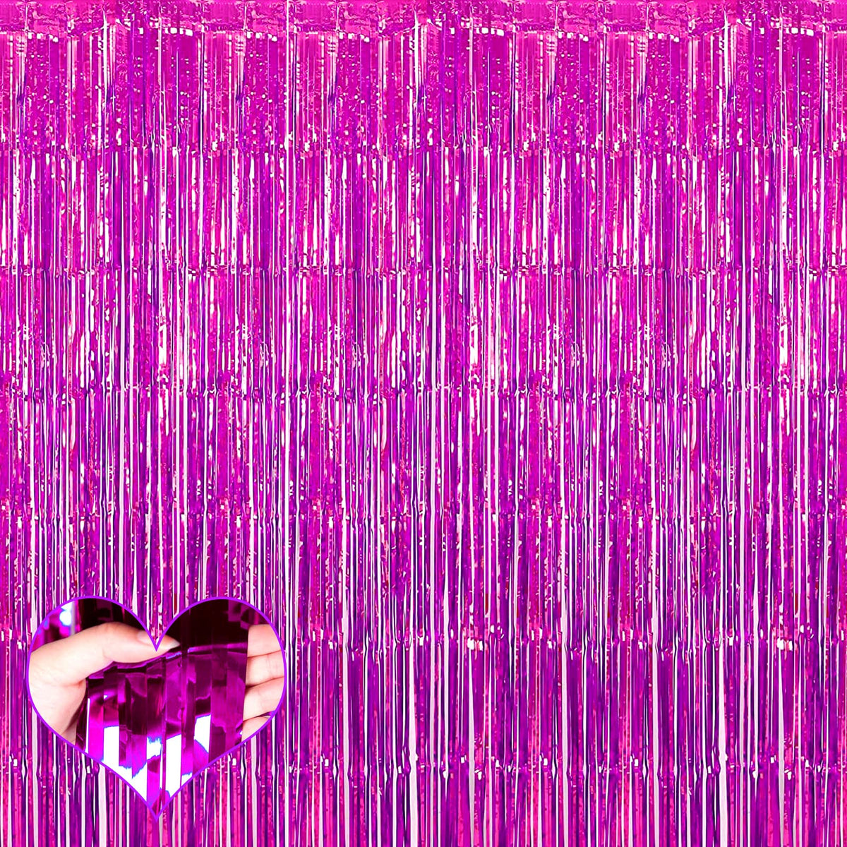4 Pack Fuchsia Fringe Curtain Backdrop, 3.2Ft X 8.2Ft Metallic Tinsel Foil Fringe Streamers Curtains Background For Photo Booth 