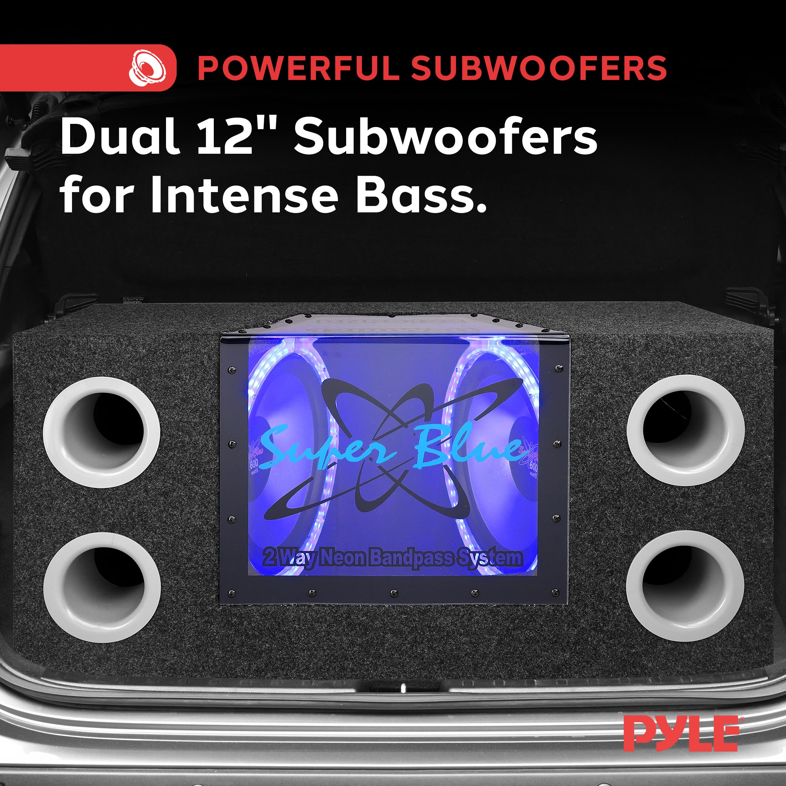 Pyramid 12' 1200W Car Audio Subwoofer   2 Way Neon Bandpass Speaker System W/Blue Lights, Dc 12V Input/4 Ohm/32Hz 1Khz Freq.Res W/Plexi Glass Front Window & Silver Polypropylene Cone