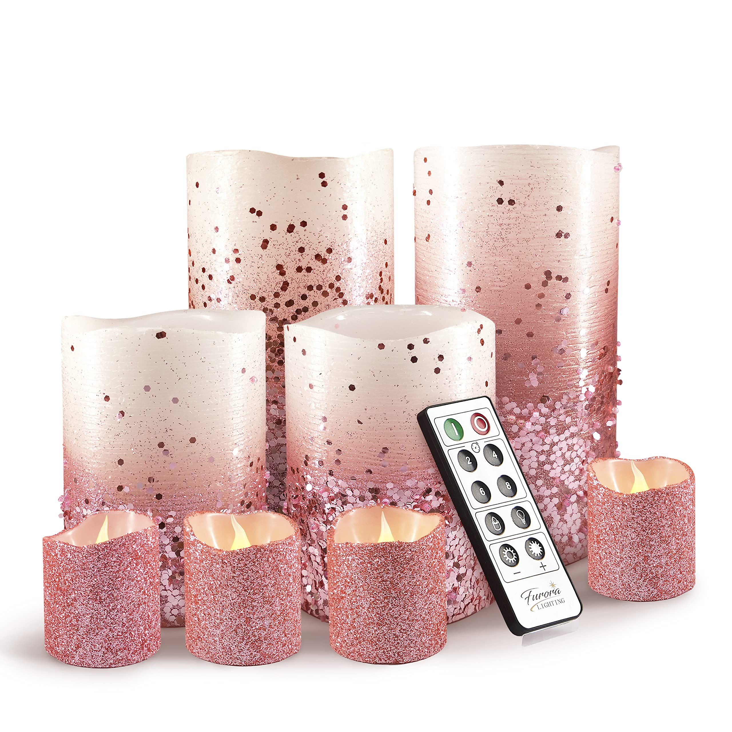 Furora Lighting Pink Glitter Led Candles With Remote And Timer, 4 Pillars And 4 Votives Pack Of 8, Real Wax Flameless Flickering