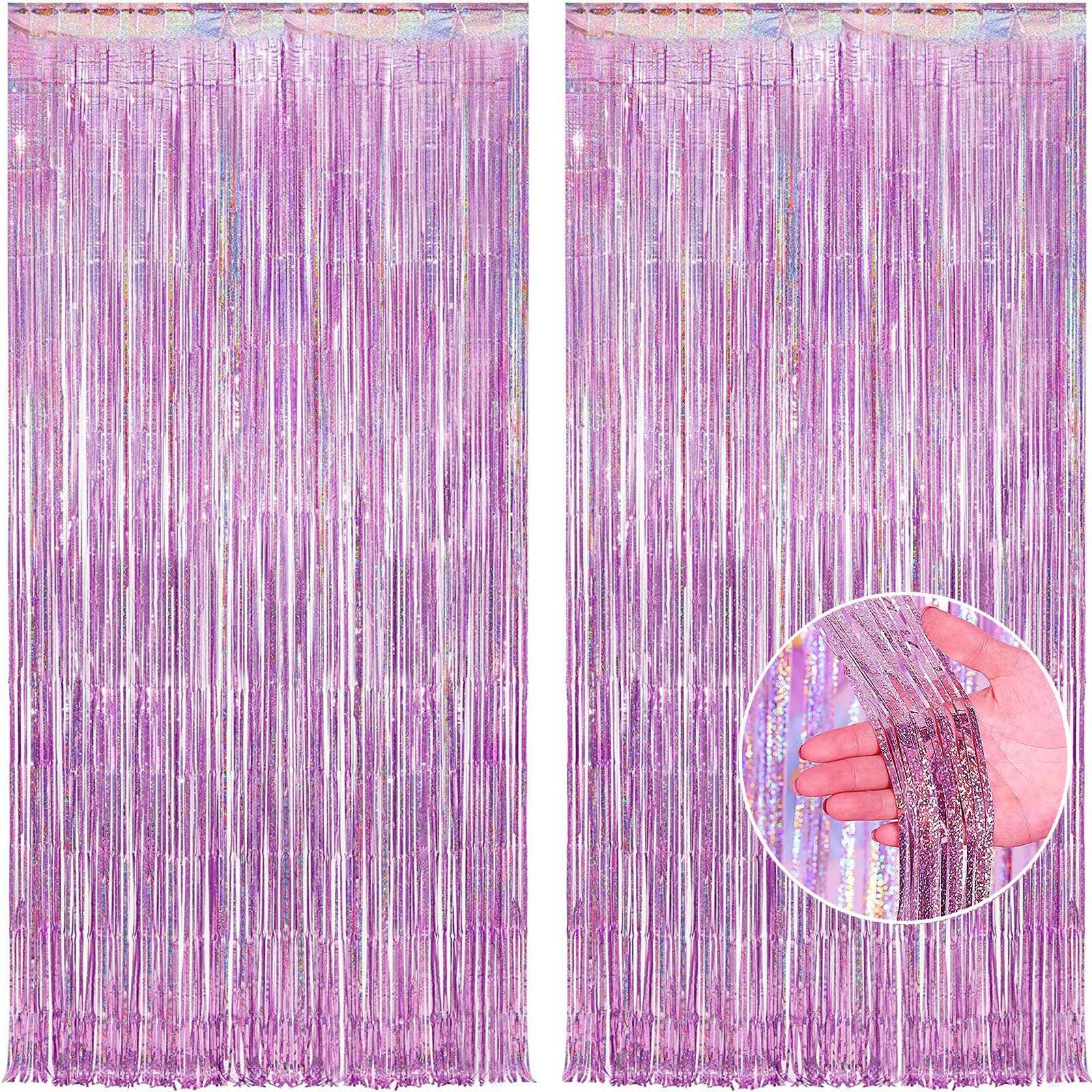 Canrevel 2 Pack 3.3X8.2 Feet Pink Foil Fringe Backdrop Curtains, Glitter Tinsel Streamers Birthday Party Decorations, Fringe Bac