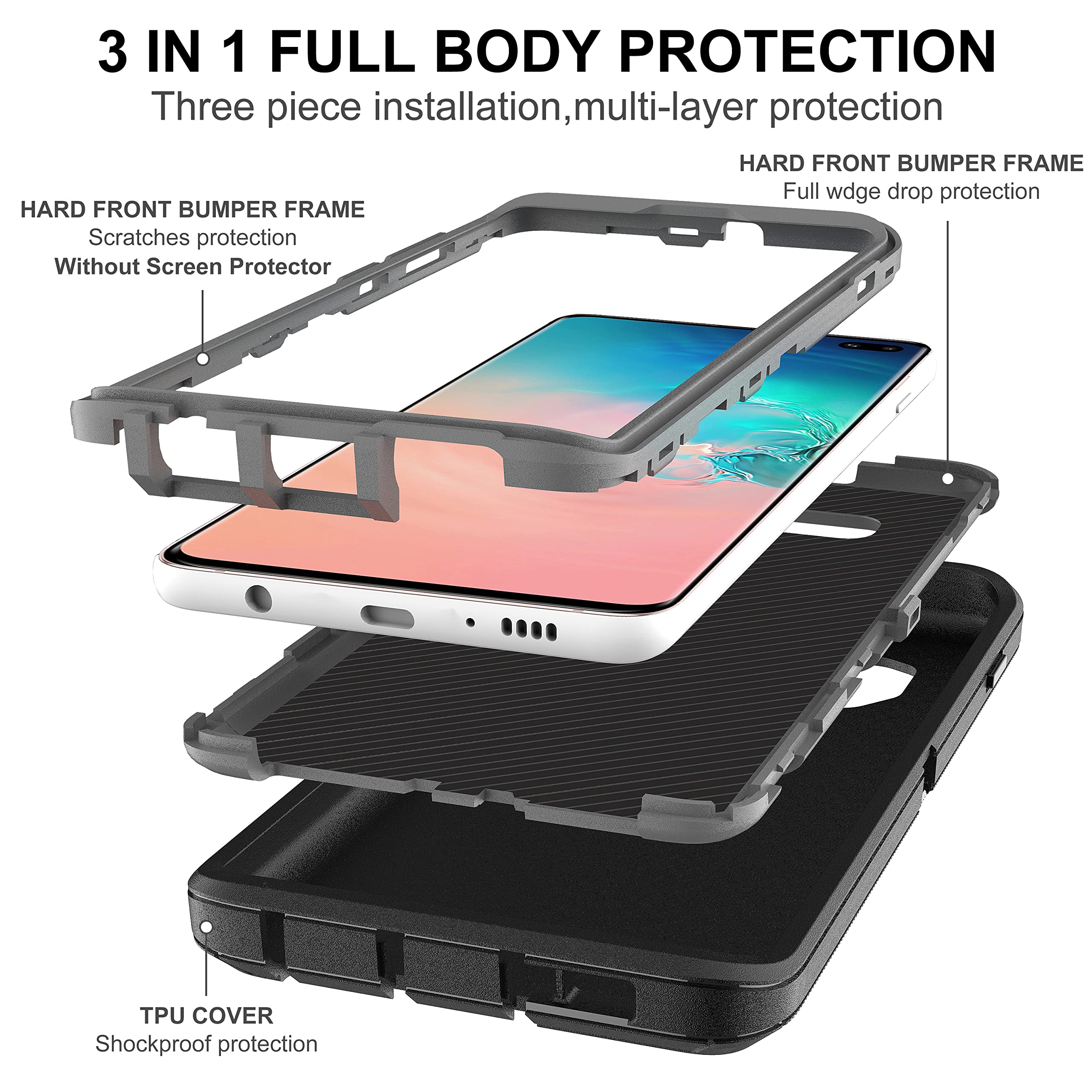 Hong Amy For Galaxy S10 Plus Case, S10 Plus Case With Self Healing Flexible Tpu Screen Protector [2 Pack], 3 In 1 Full Body Shoc