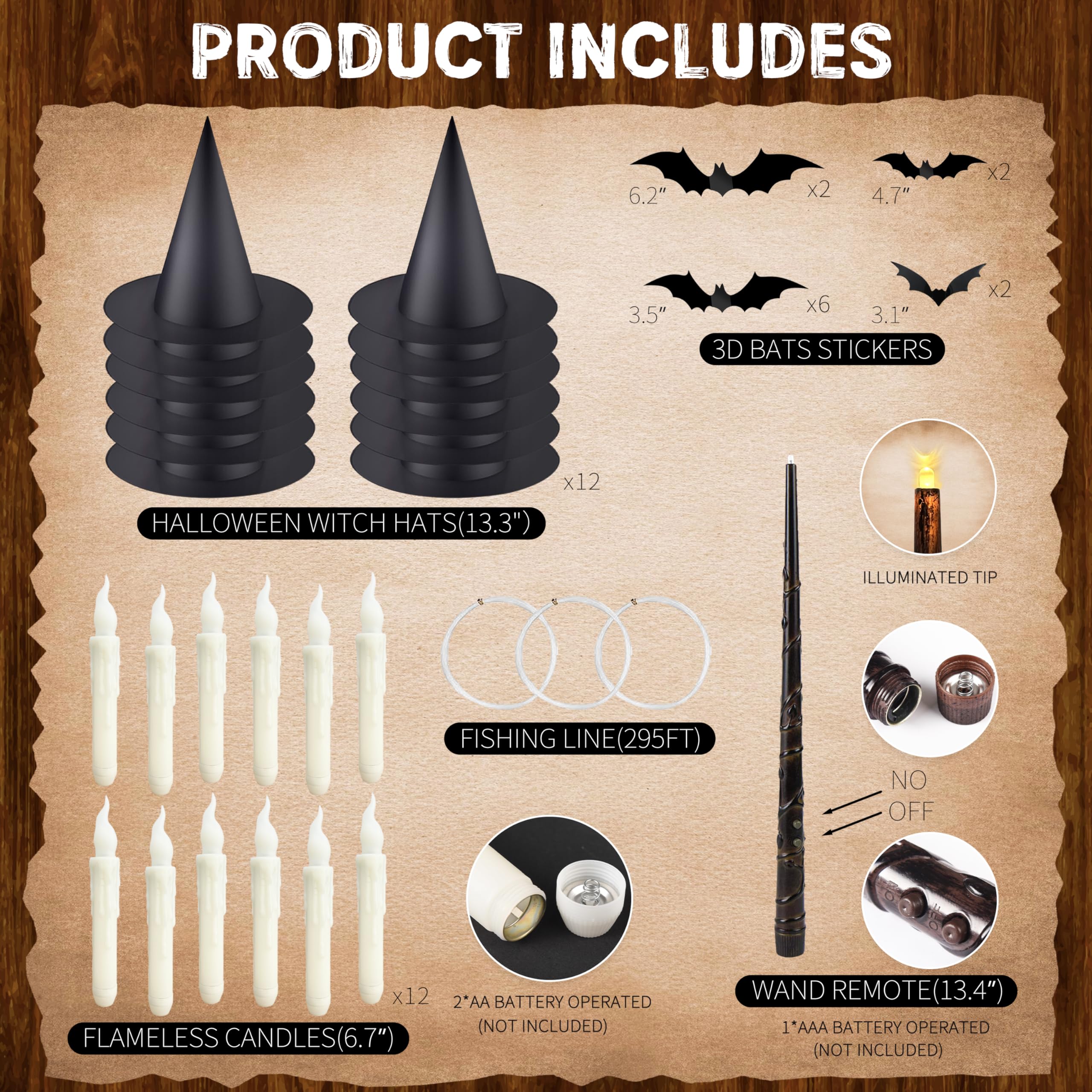 Fayoo Floating Candles With Wand, 12Pcs Magic Hanging Candles, Floating Light Up Witch Hats With Flameless Candle With Wand Remo