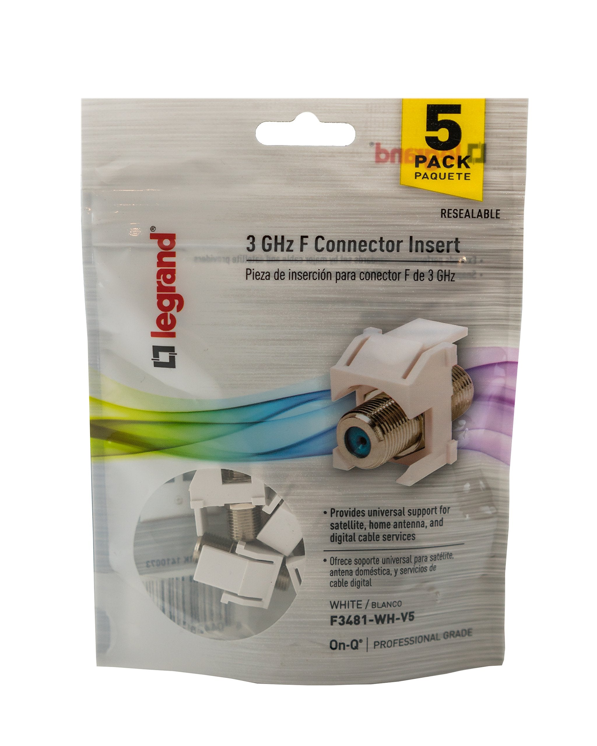 Legrand   Onq Recessed Keystone Coax Insert, F Keystone Connector, 3Ghz Keystone F 81 Coupler, Nickel, White, 5 Pack, F3481Whv5