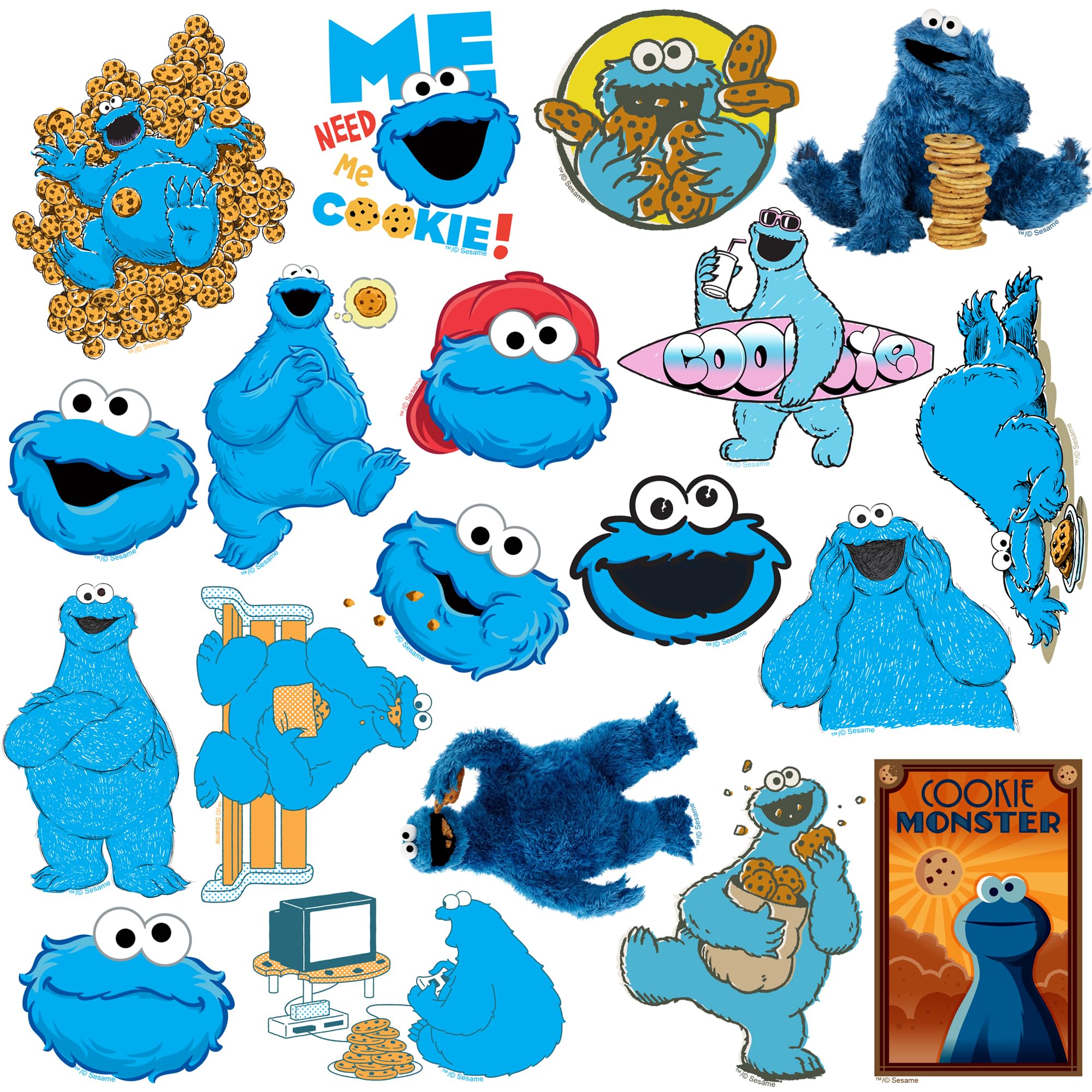 Sesame Street Cookie Monster 50Ct Vinyl Large Deluxe Stickers Variety Pack   Laptop, Water Bottle, Scrapbooking, Tablet, Skatebo