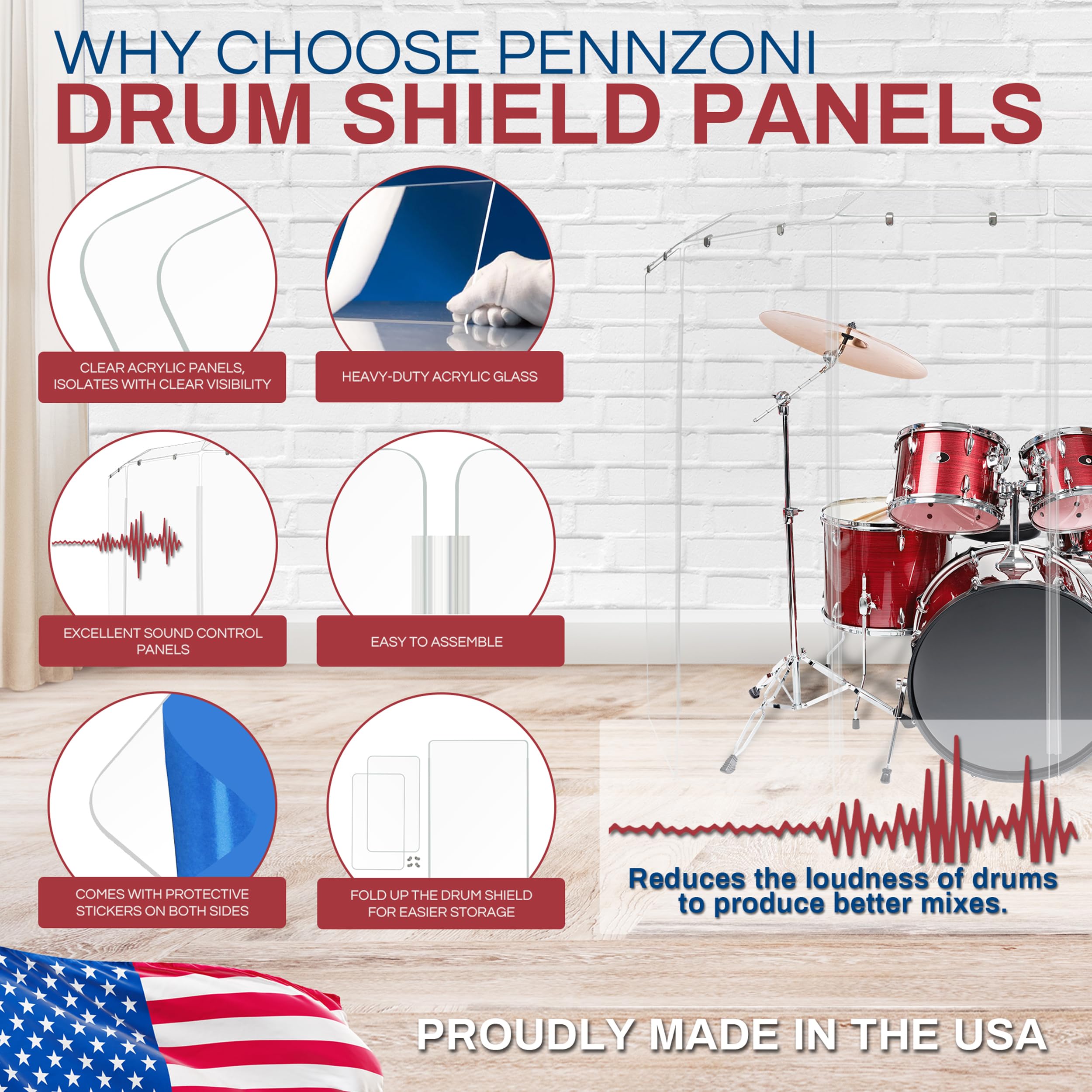 Pennzoni Drum Shield 6Ft W/Deflectors & Plastic Hinges, Comes W/ 7 Drum Panels, Plastic Hinges & Deflector Connectors, Premium C