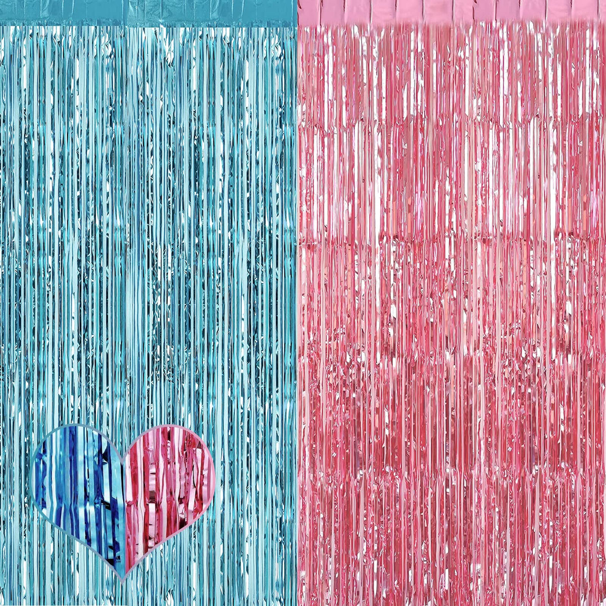 4 Pack 3.2Ft X 8.2Ft Pink Blue Fringe Curtain Backdrop, Metallic Tinsel Foil Fringe Streamers Curtains Background For Photo Boot