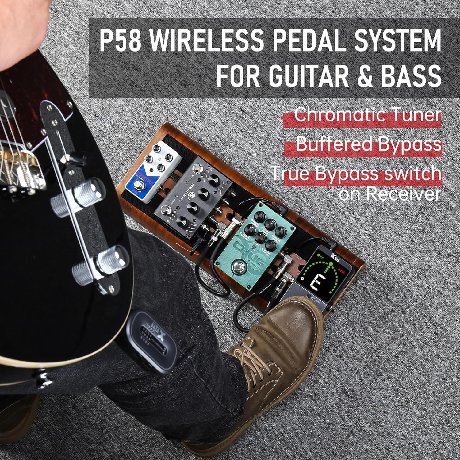 Xvive P58 Wireless Guitar Pedal System 5.8Ghz Wireless Guitar Transmitter And Chromatic Tuner Pedal Receiver For Active Or Passi