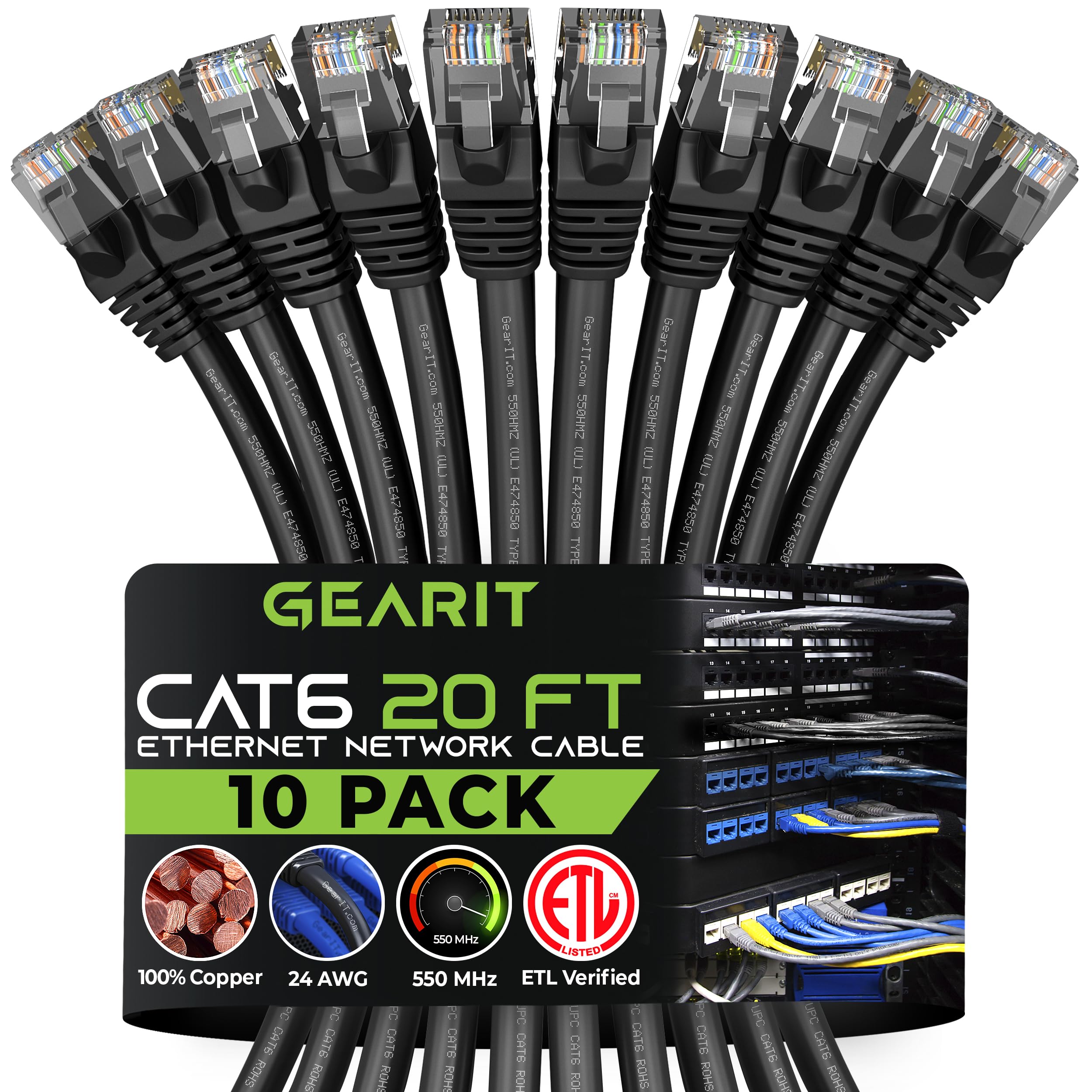 Gearit Cat 6 Ethernet Cable 20 Ft (10 Pack)   Cat6 Patch Cable, Cat 6 Patch Cable, Cat6 Cable, Cat 6 Cable, Cat6 Ethernet Cable,