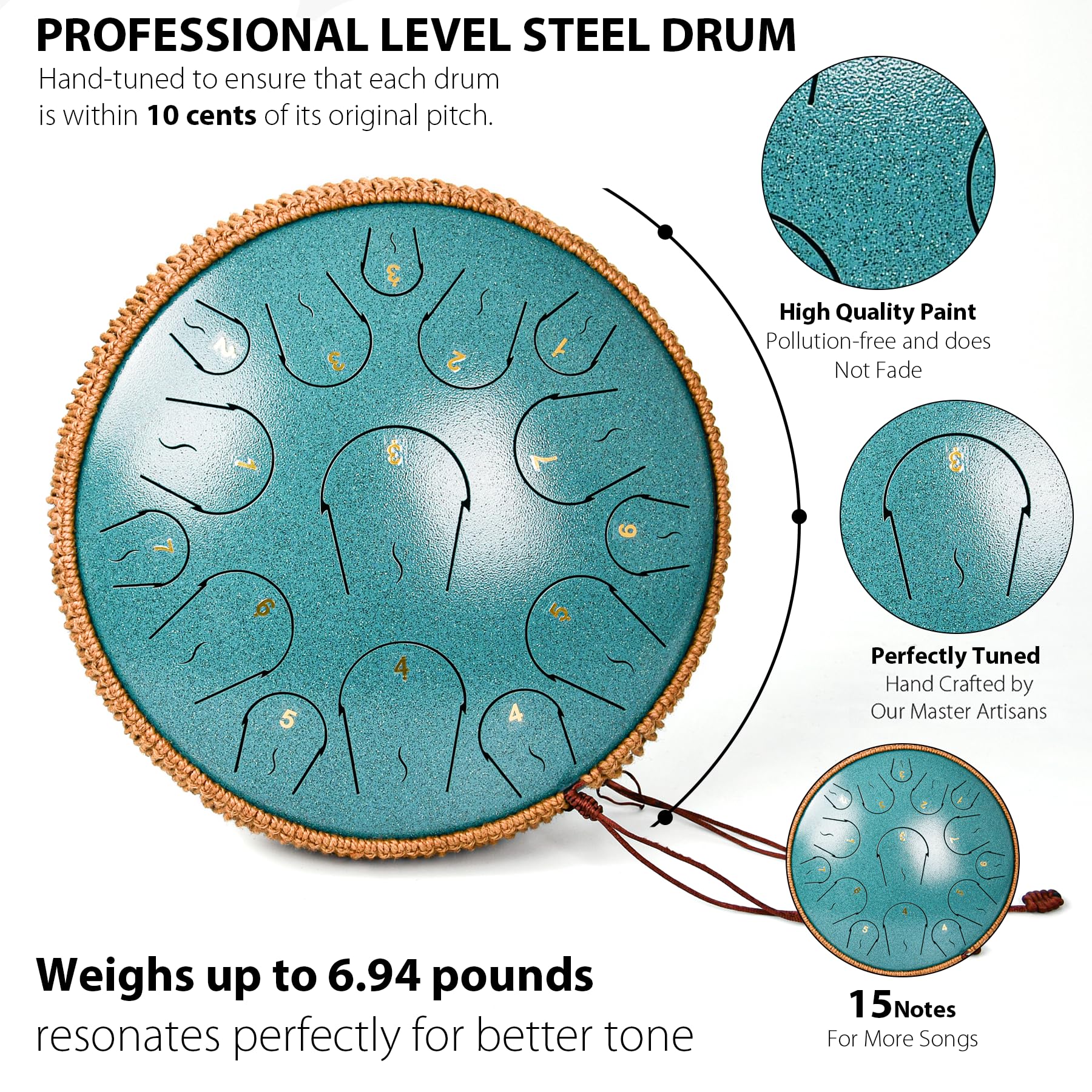 Steel Tongue Drum   14 Inch 15 Note Tongue Drum   Hand Pan Drum With Music Book, Handpan Drum Mallets And Carry Bag, C Major (Ma