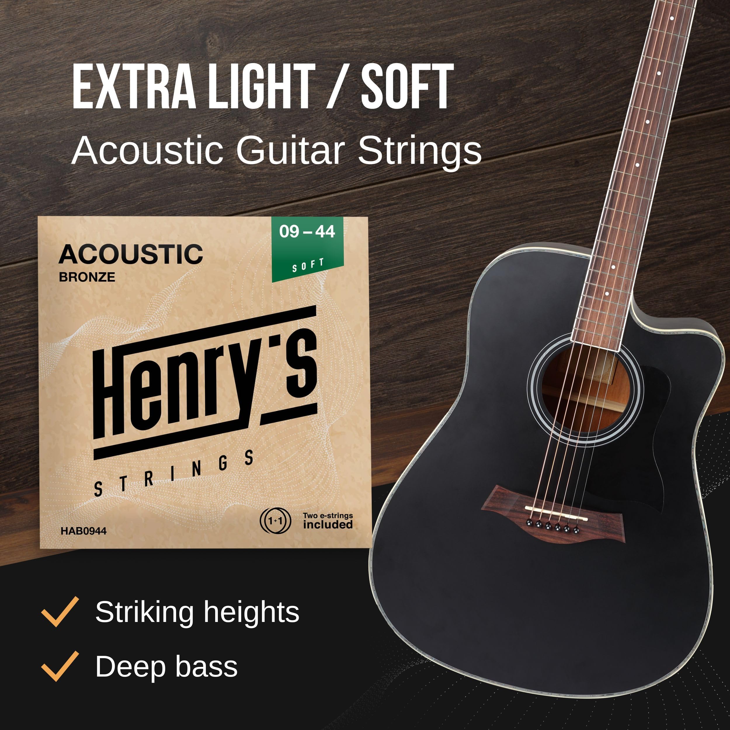 Extra Light Acoustic Guitar Strings 09 44   Easy On Fingers & Excellent Sound   Extra E 1 String & 3 Guitar Picks   Super Light