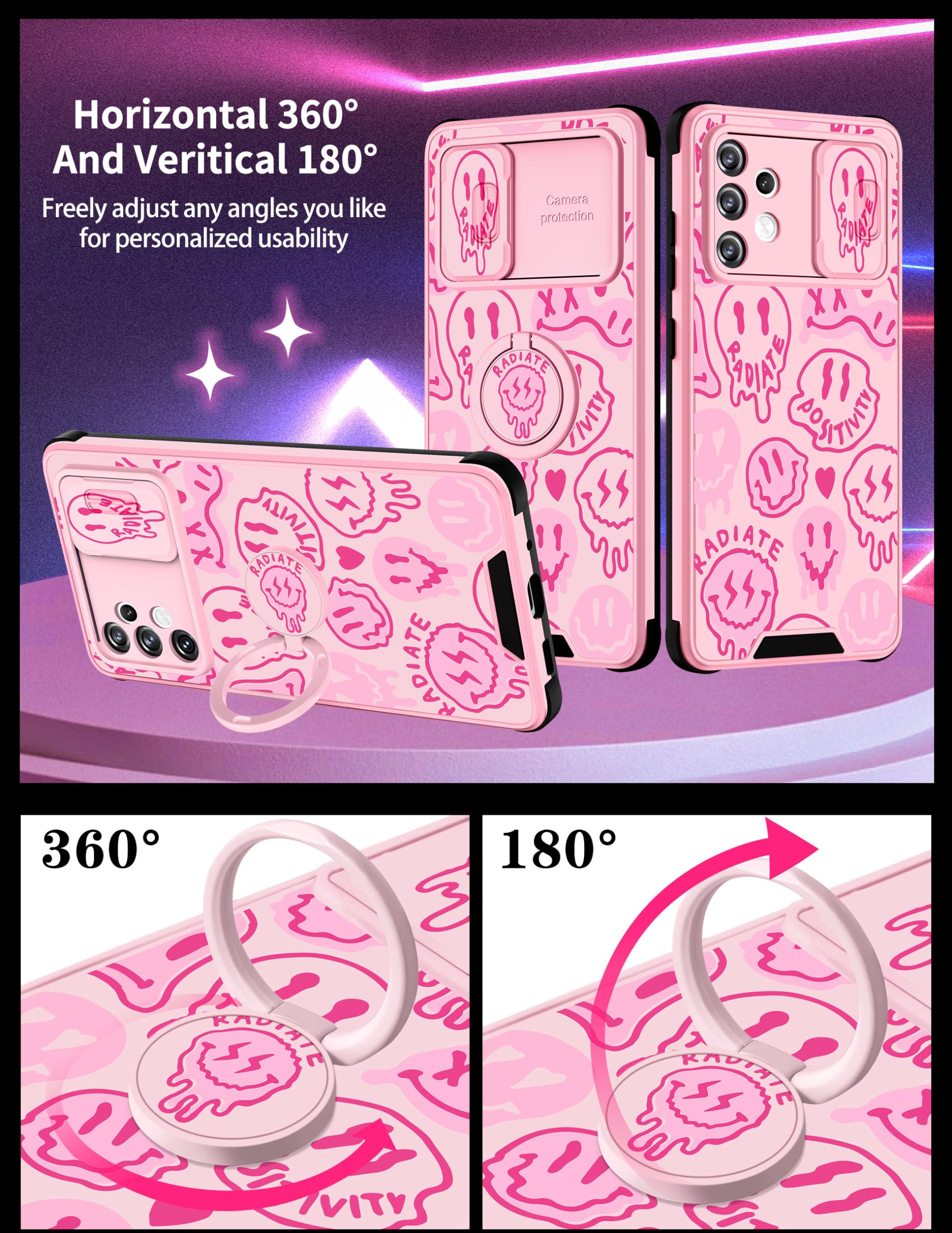 Goocrux (2In1 For Samsung Galaxy A32 5G Case Smile Face Cute Women Girls Phone Cover Smile Design With Slide Camera Cover+Ring H