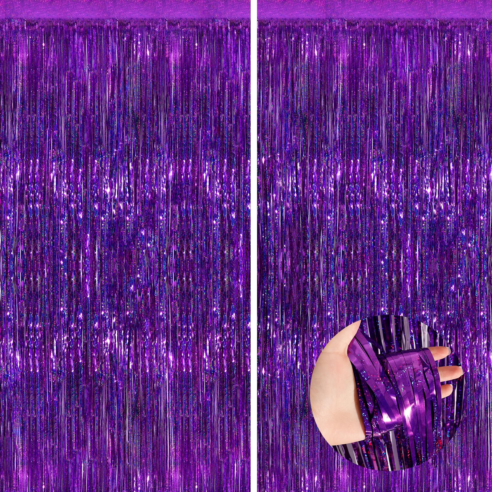 Purple Metallic Tinsel Foil Fringe Curtains, 2 Pack 3.3X8.3 Feet Party Streamer For Birthday Party Decorations, Halloween Decor,