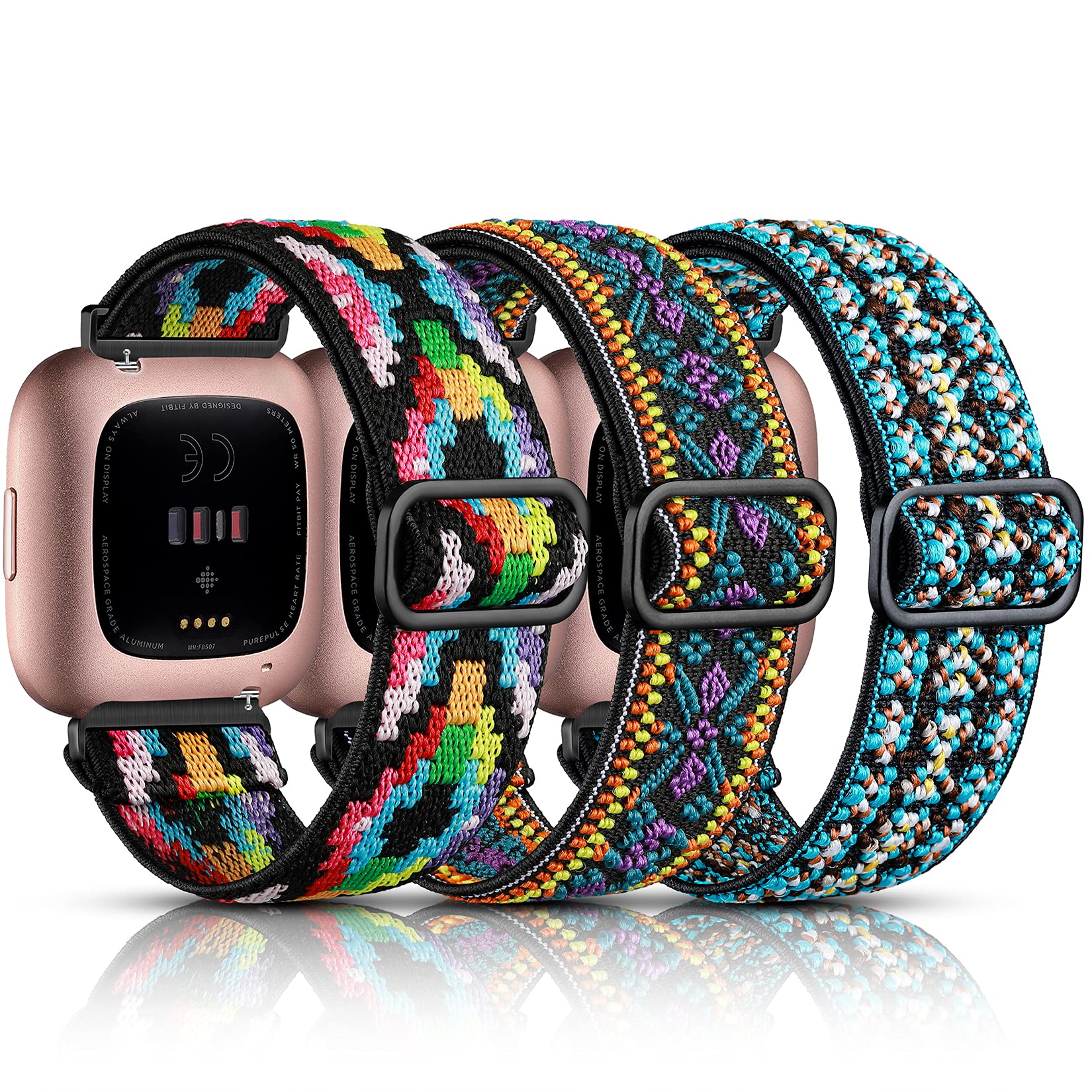 Maledan Compatible With Fitbit Versa And Fitbit Versa 2 Bands For Women Men, 3 Pack Elastic Band Stretchy Nylon Strap Accessorie