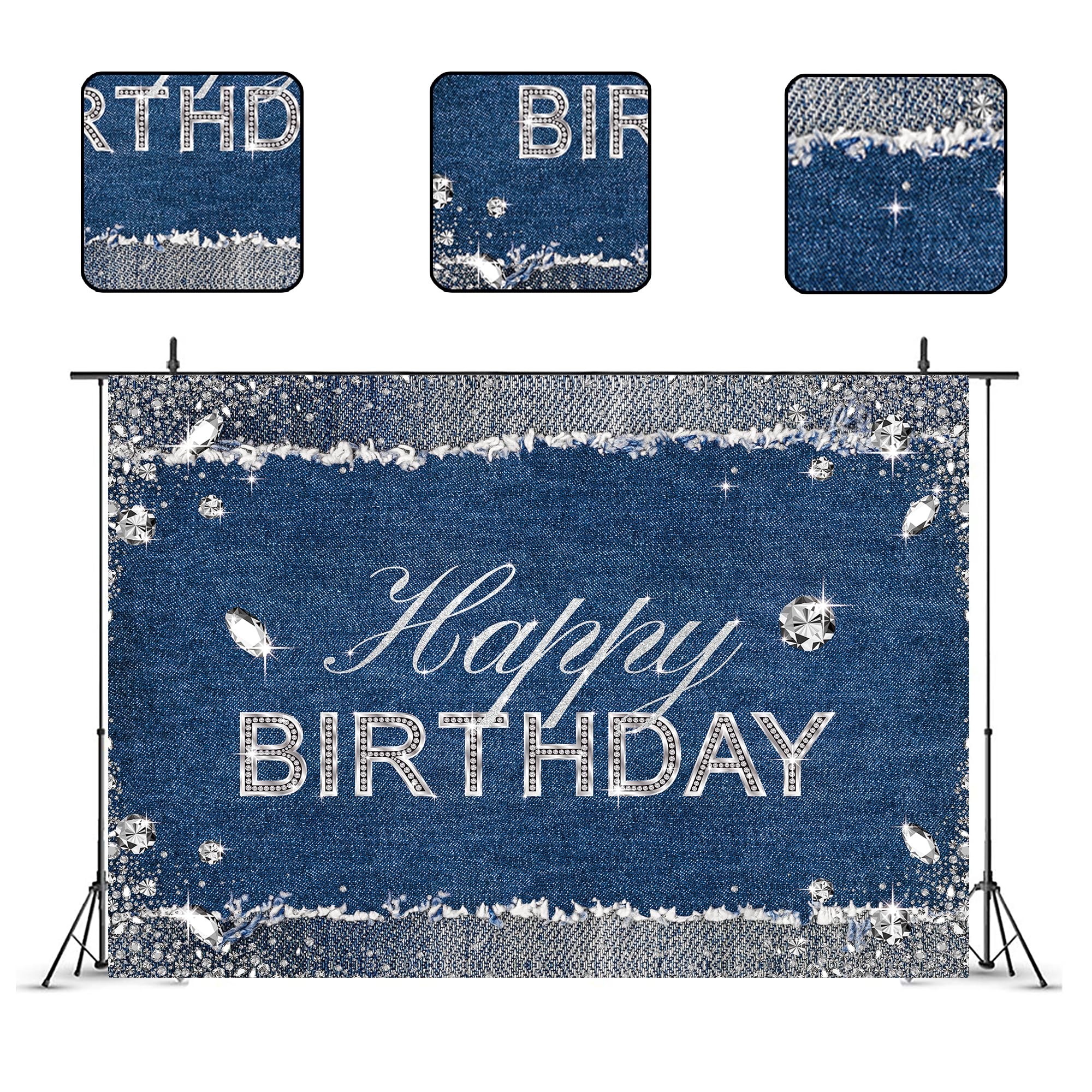 Glawry Denim Diamonds Birthday Backdrop 7Wx5H Feet Sparkle Shining Navy Blue Modern Luxury Crystal Girls Happy Birthday Party De