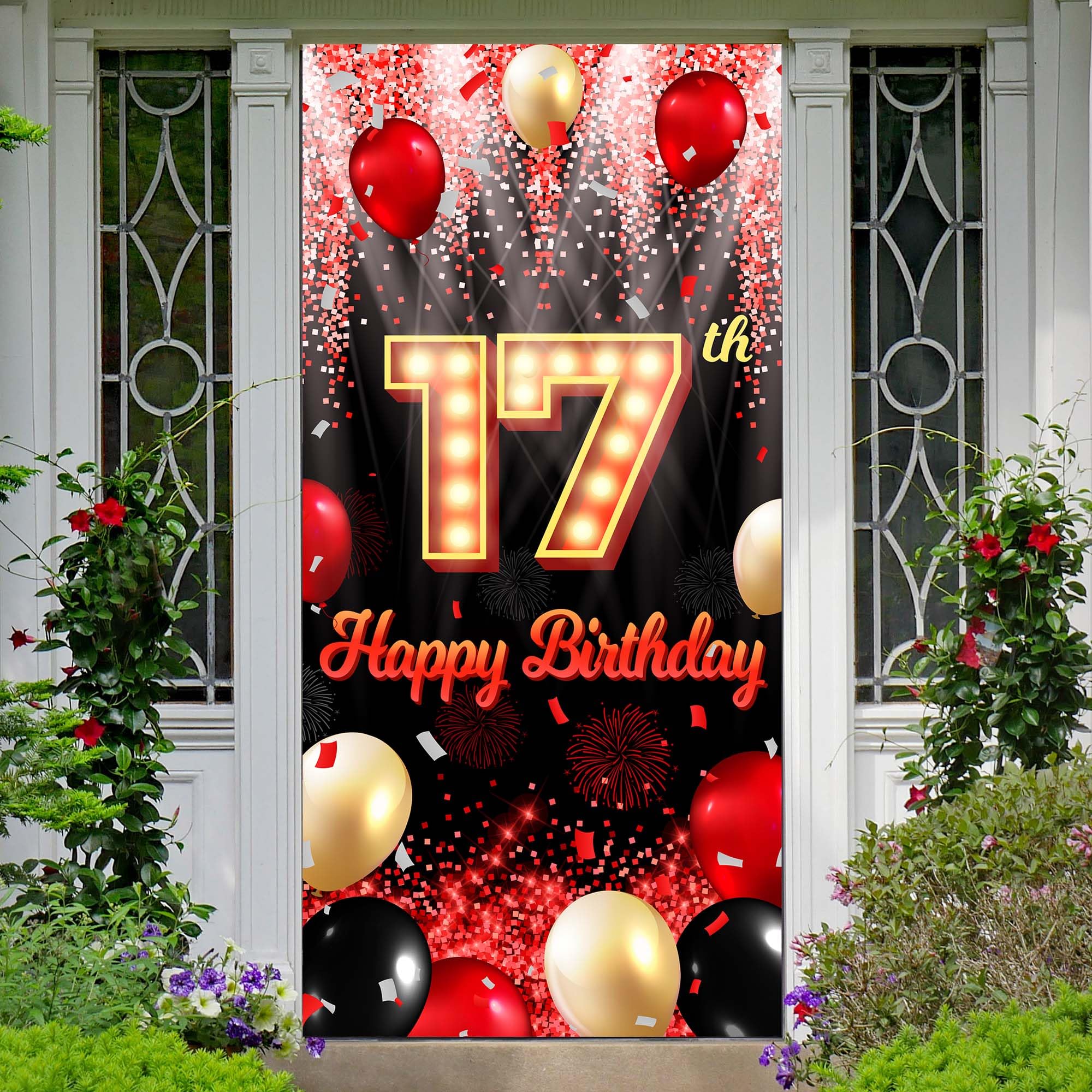 Happy 17Th Birthday Backdrop Banner Black And Red Theme Background With Neon Shiny Fashion Birthday Party Photo Photography Prop