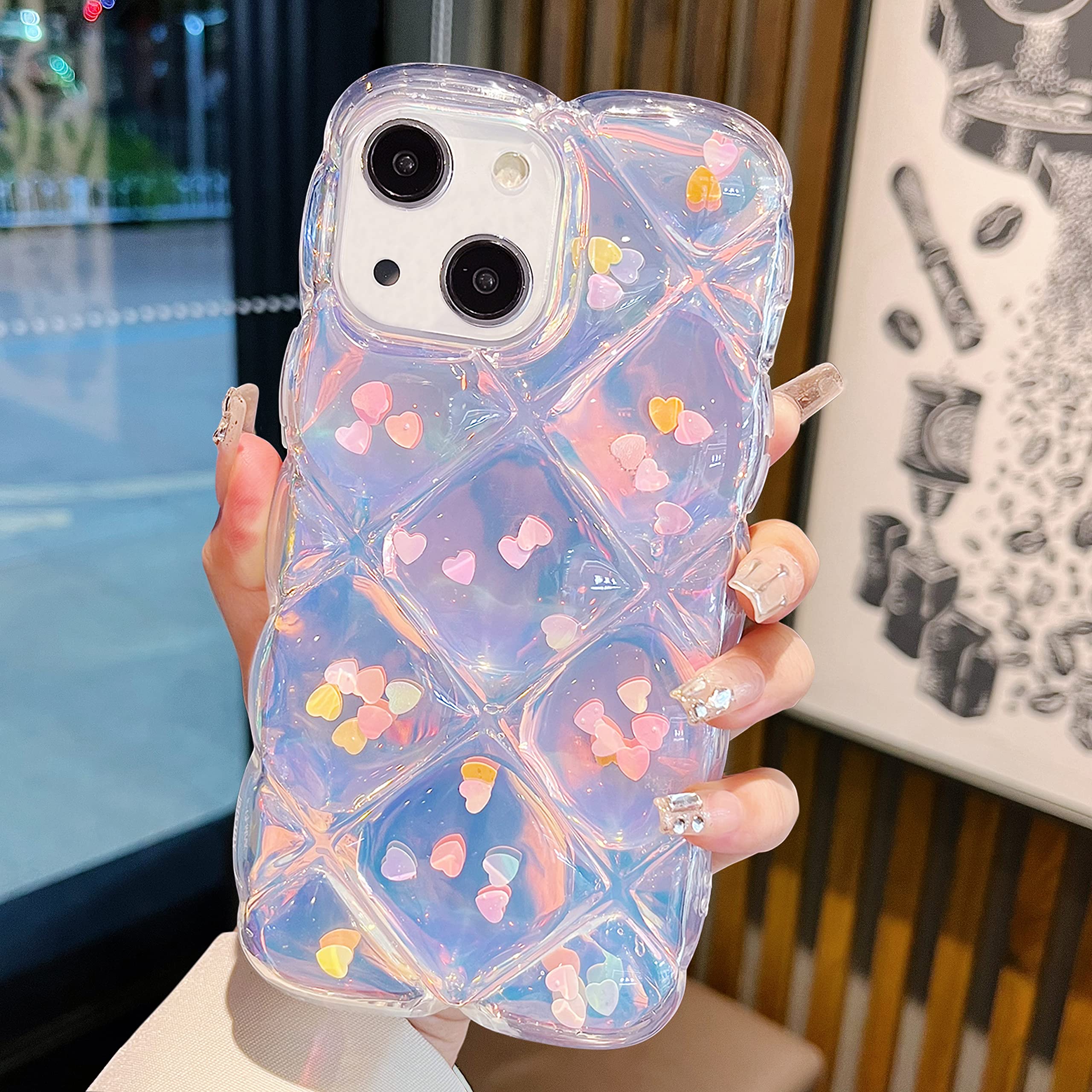 Qokey iPhone 14 Case Laser Bling Love Heart Glitter Clear TPU Shockproof Soft Wave Frame 6.1"
