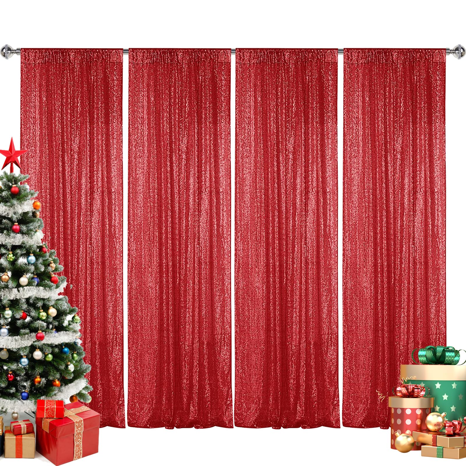 Sugargirl Red Sequin Backdrop Curtain 4 Panels 2Ftx8Ft Glitter Red Background Drapes Sparkle Photography Backdrop For Party Wedd