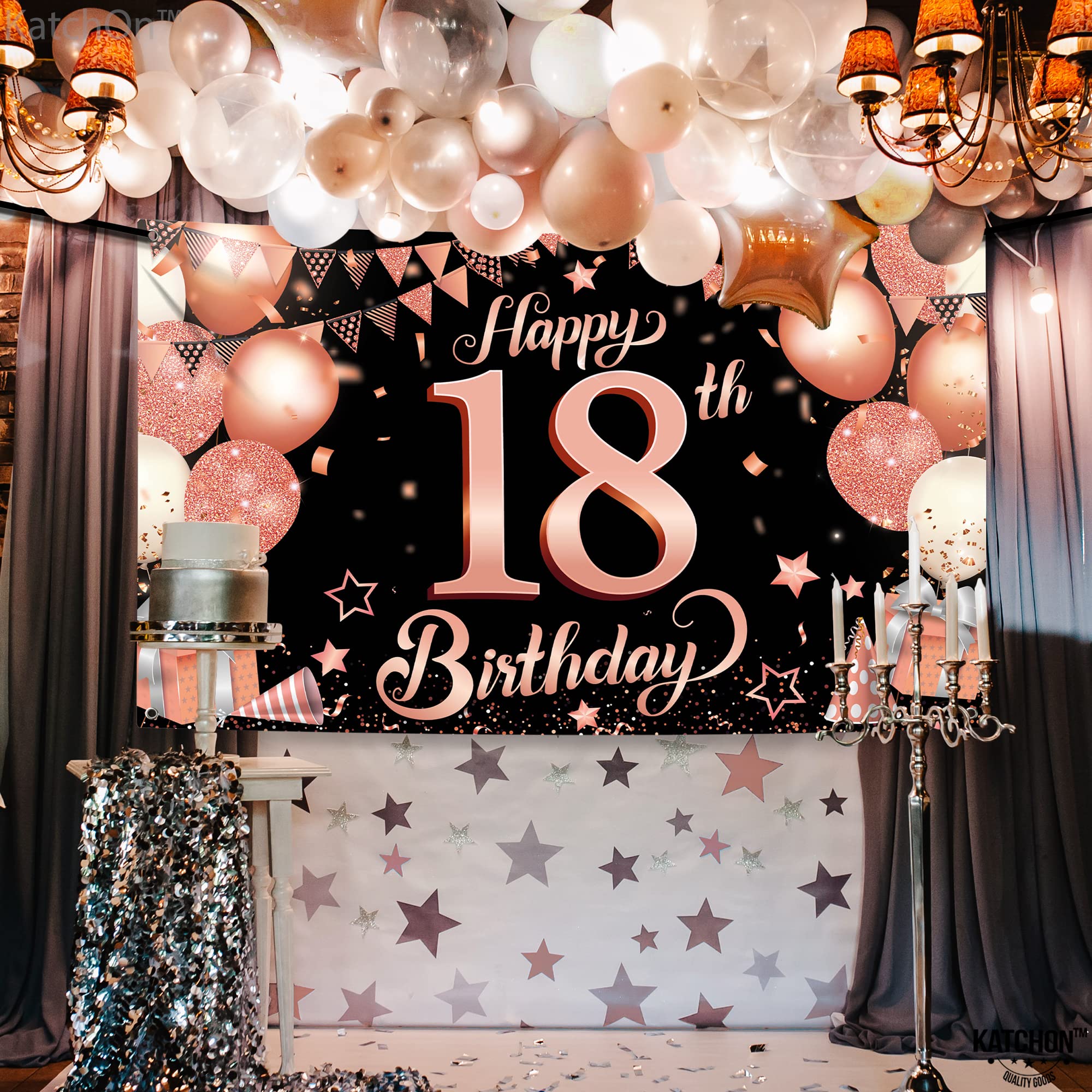 Katchon, Rose Gold Happy 18Th Birthday Banner   Large, 72X44 Inch | Rose Gold And Black Happy 18Th Birthday Decorations For Girl
