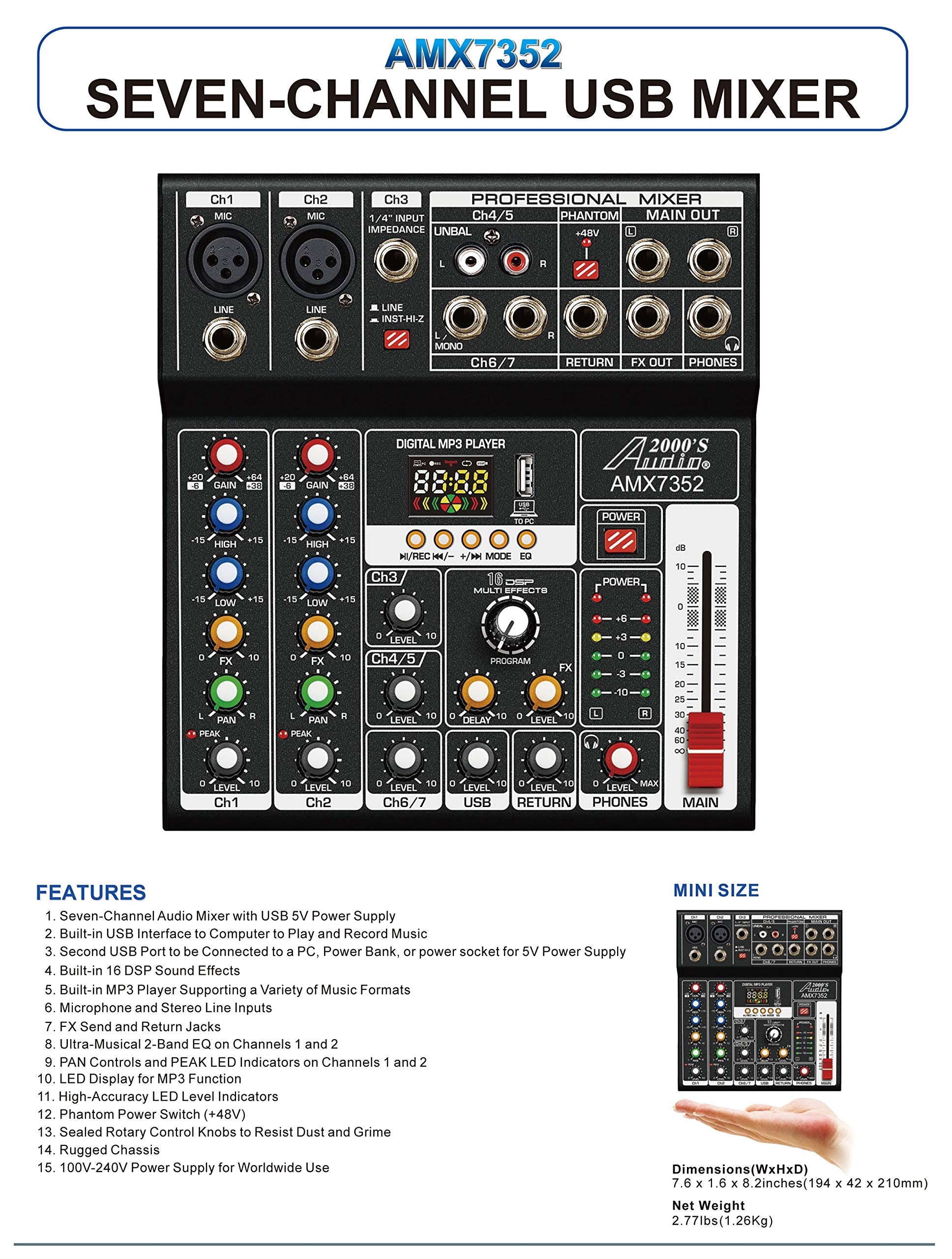 Audio2000'S Amx7352 Seven Channel Audio Mixer With Usb 5V Power Supply, Usb Interface, And Sound Effect