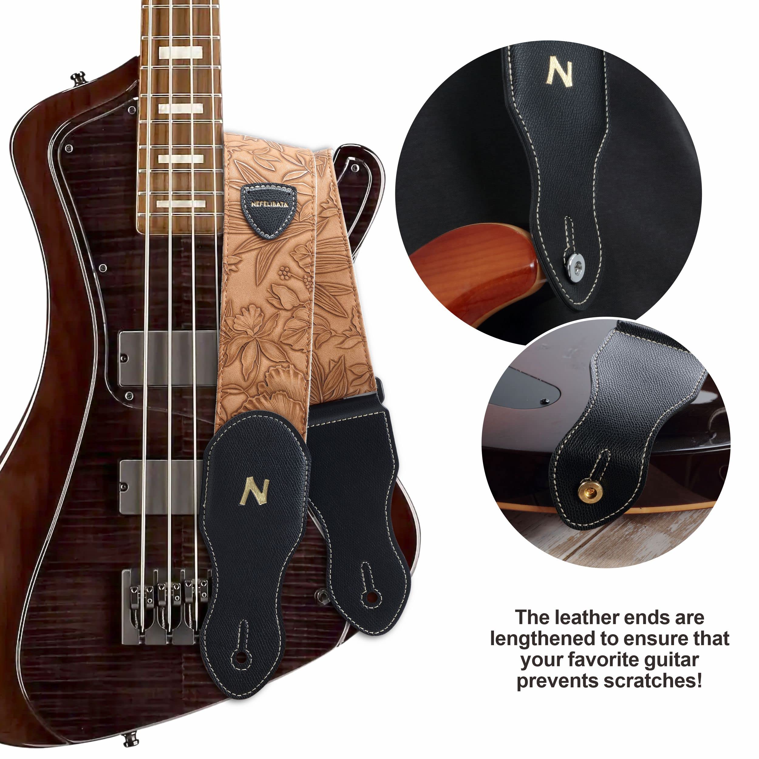 Nefelibata Guitar Strap - 2.3" Leather Carving, Adjustable 36"-63", F#-Brown Yellow, Model JTBD-LCS144, with Pick Pocket