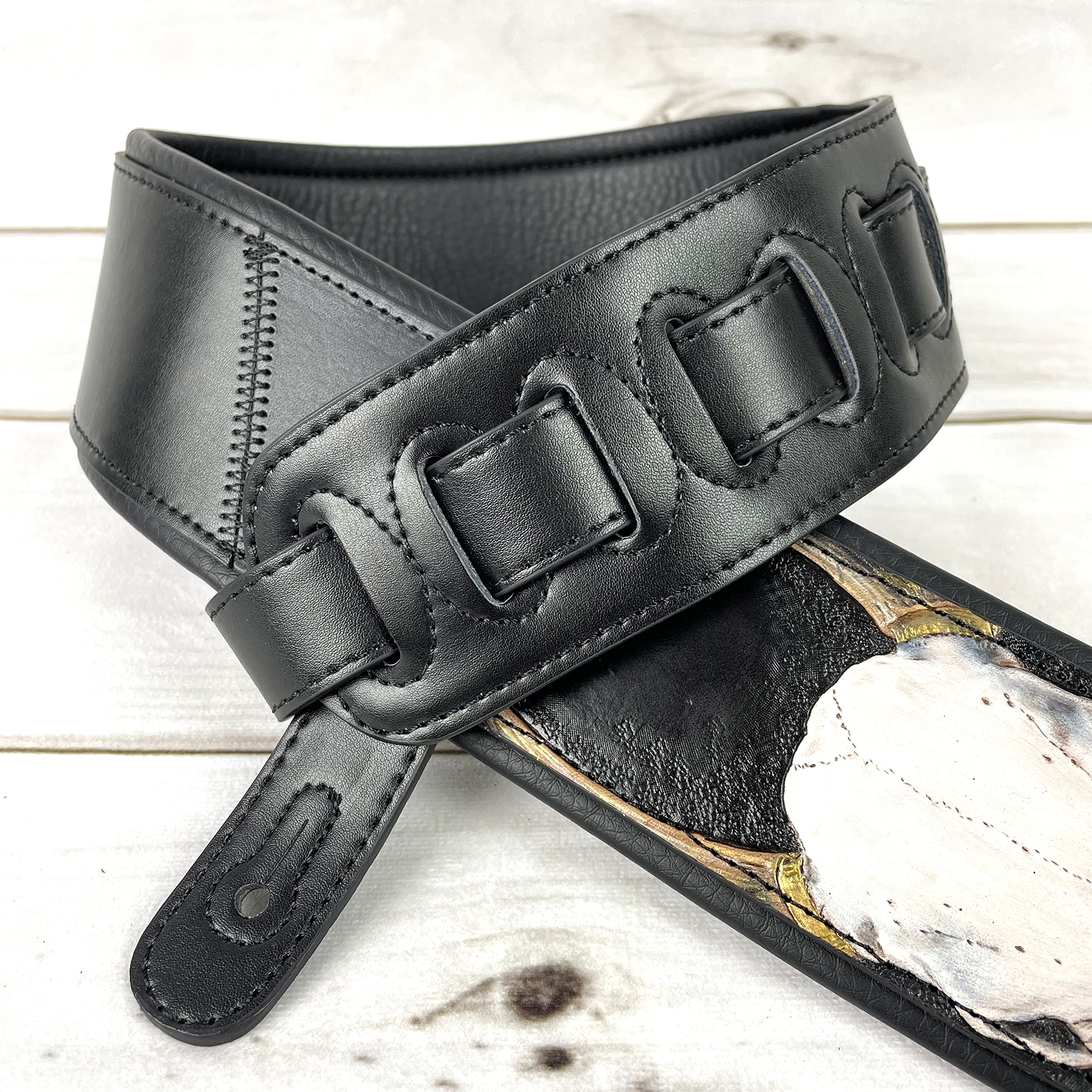 Walker And Williams Kb 61 Handmade Carved Longhorn Skull Guitar Strap On Premium Matte Black Leather For Acoustic, Electric, And