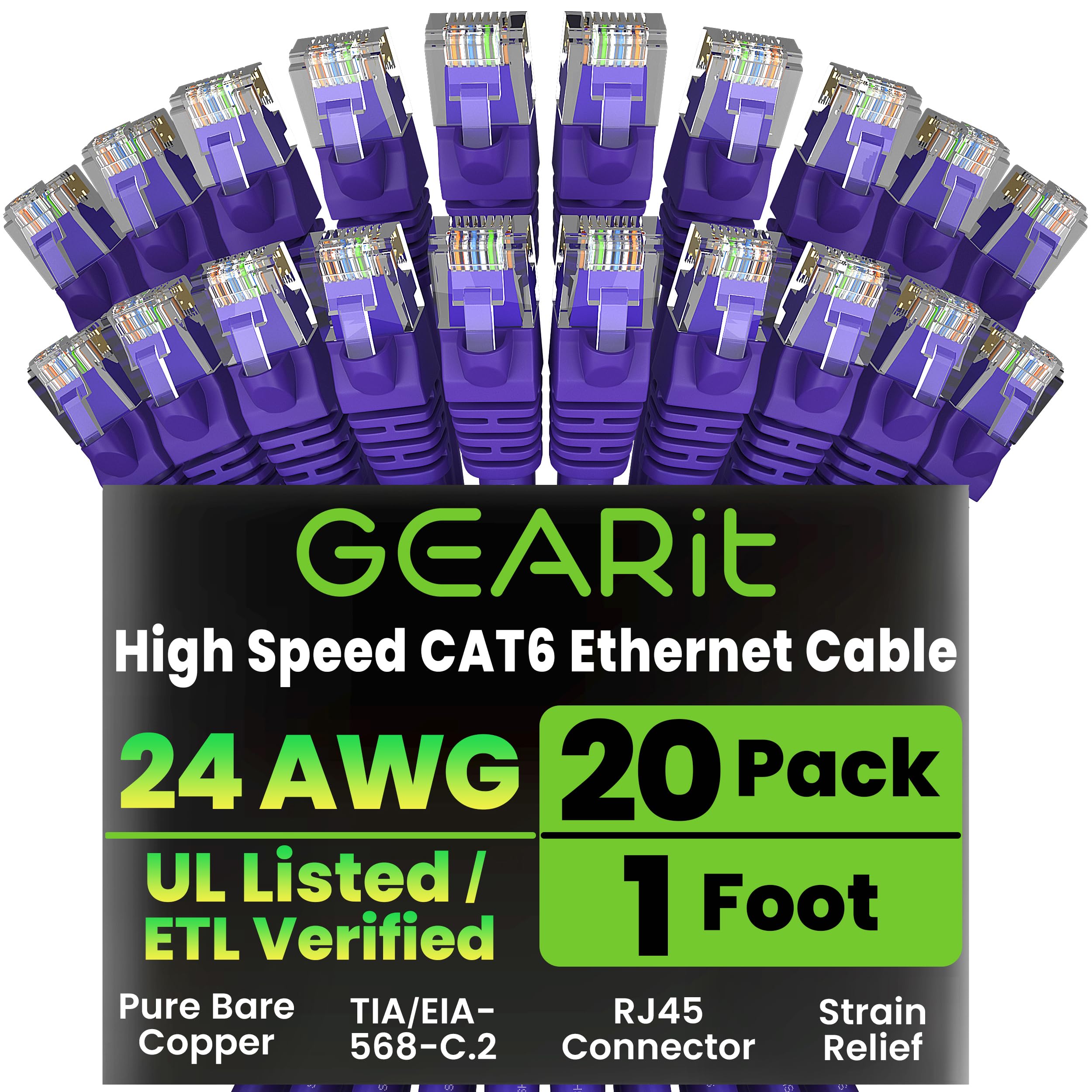 GEARit Cat 6 Ethernet Patch Cable 1 ft Purple (20 Pack) Cat6 Patch Cables 1ft Purple/Ethernet Patch Cable, 10Gbps 550MHz 24AWG P