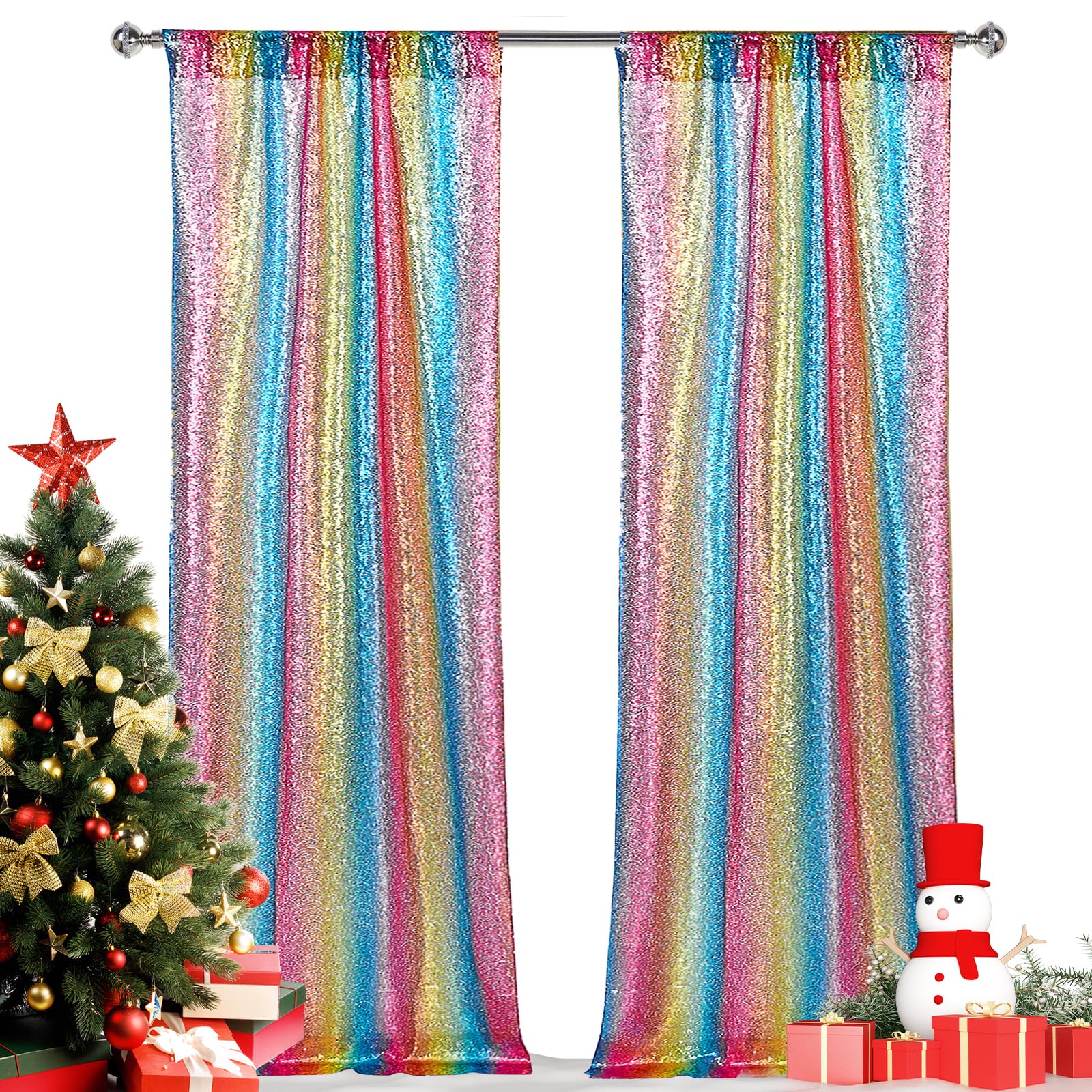 Hahuho Rainbow Sequin Backdrop Curtain, 2Pcs 2Ftx8Ft Glitter Backdrop Curtain For Parties, Christmas, Wedding, Party Decoration(