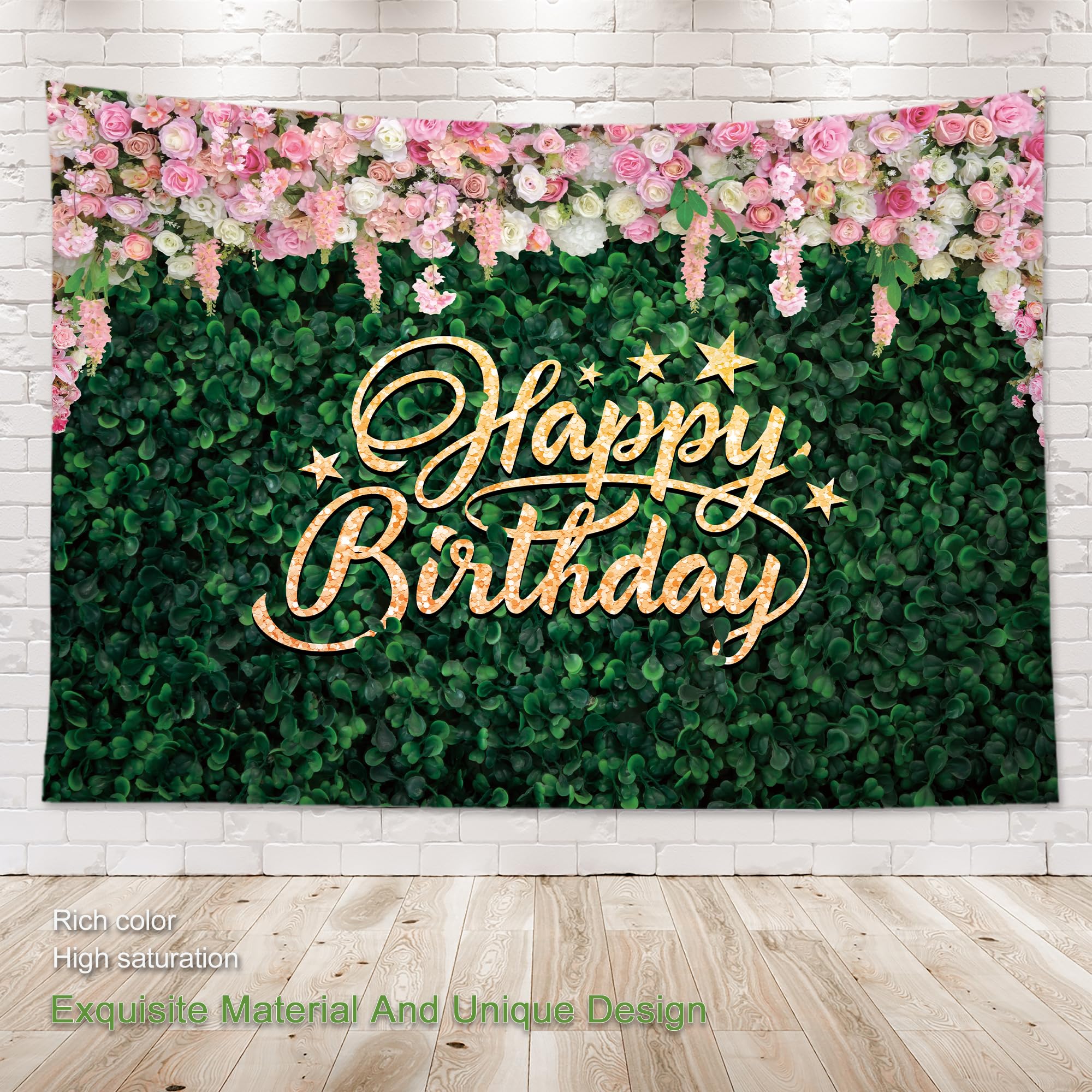 Omifly Pink Rose Green Leaves Happy Birthday 7Wx5H Backdrop For Photography Girls Women Rustic Floral Spring Nature Plant Backgr