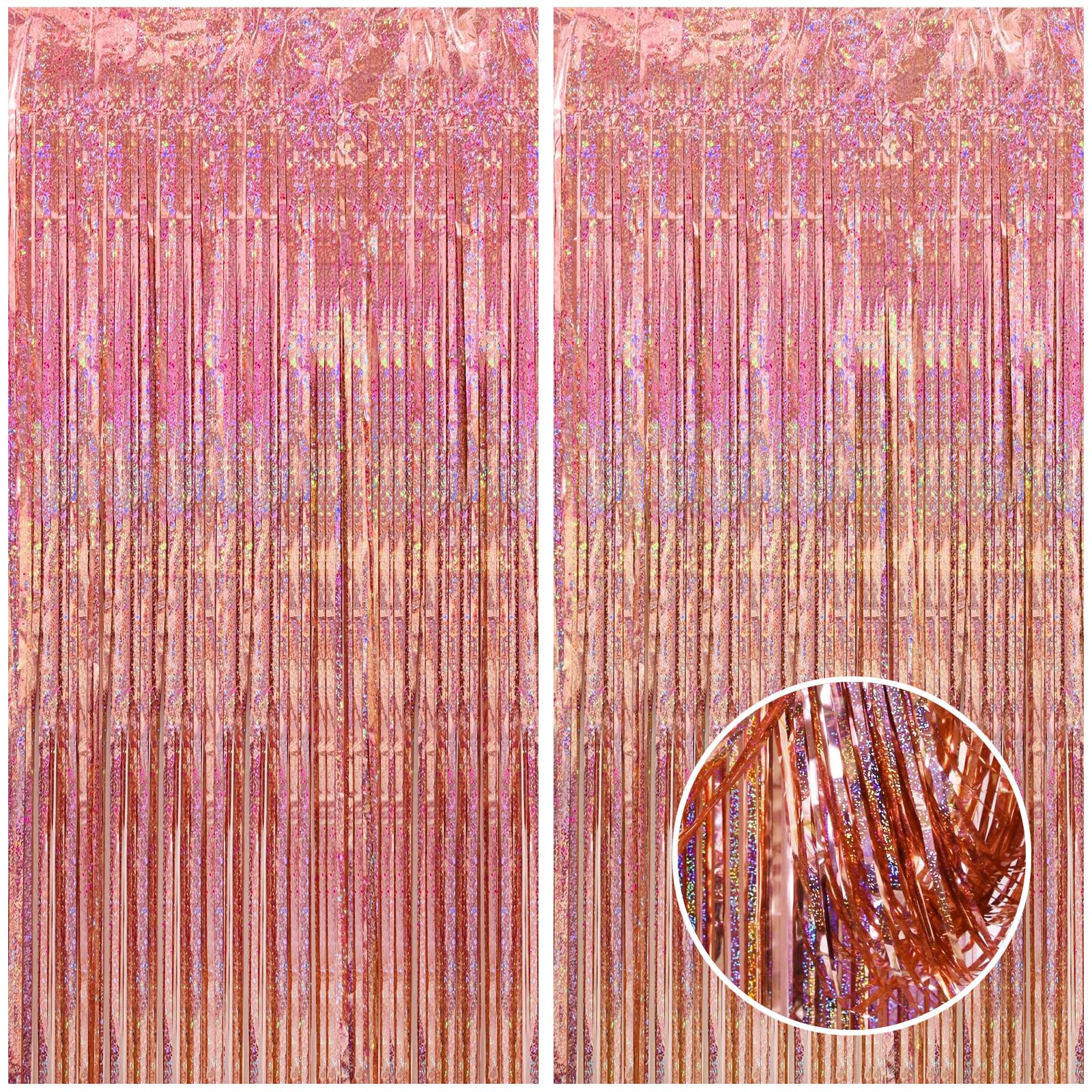 Canrevel 2 Pack 3.3X8.2 Feet Rose Gold Foil Fringe Backdrop Curtains, Glitter Tinsel Streamers Birthday Party Decorations, Fring
