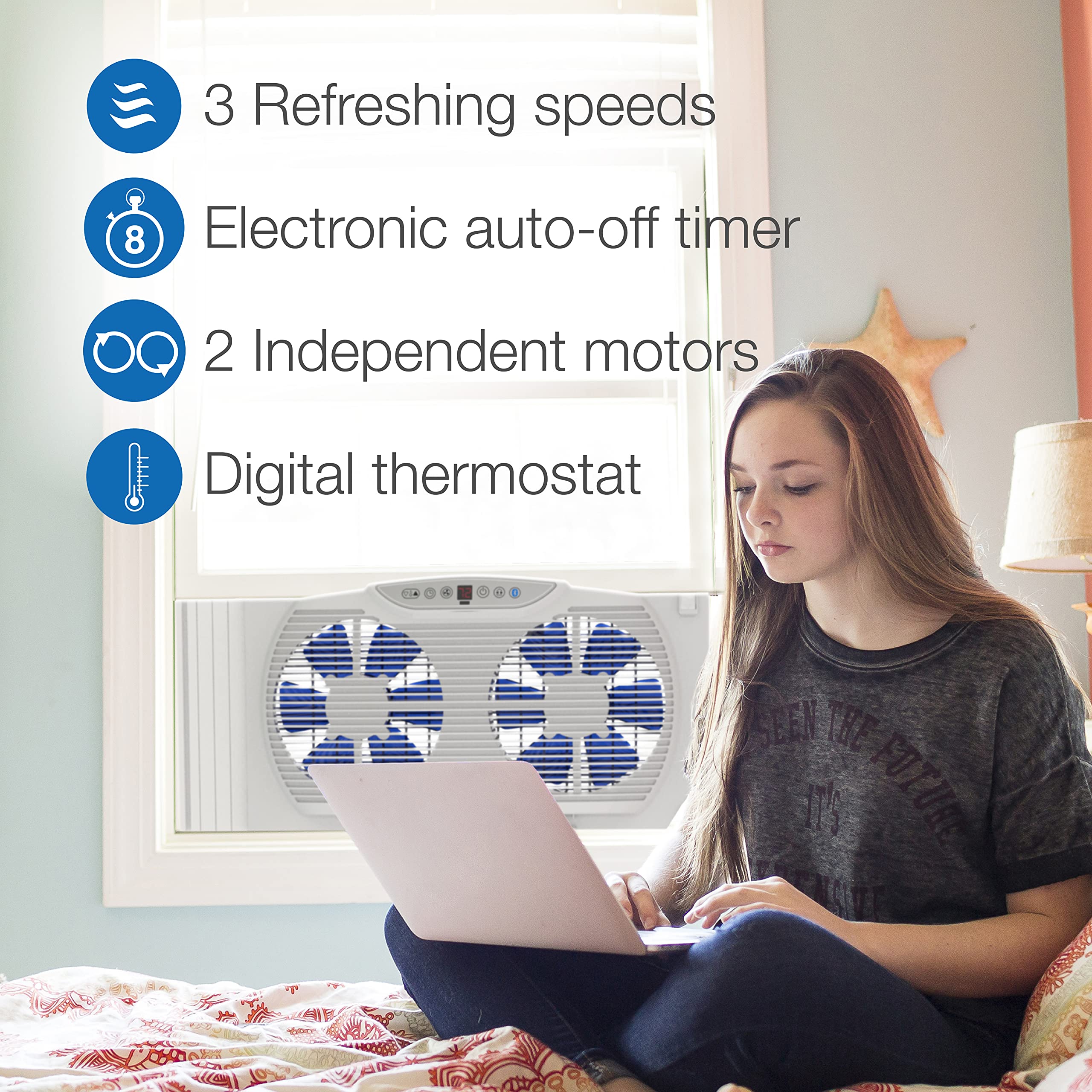 Lasko W09560 Bluetooth Enabled Twin 9 Inch Window Fan With Independent Electrically Reversible Intake & Exhaust Motors With Ther