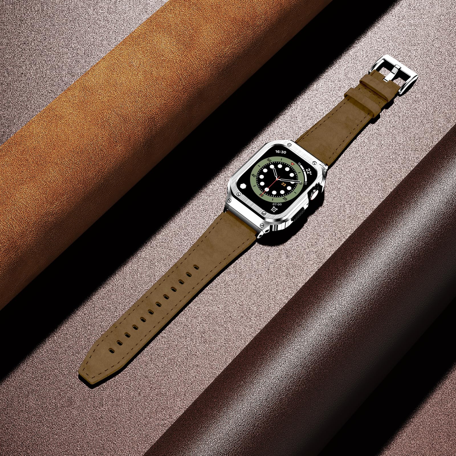 Suplink Stainless Steel Case And Bands Compatible With Apple Watch Band 42Mm 44Mm,Leather Strap Rugged Cover For Iwatch Series S