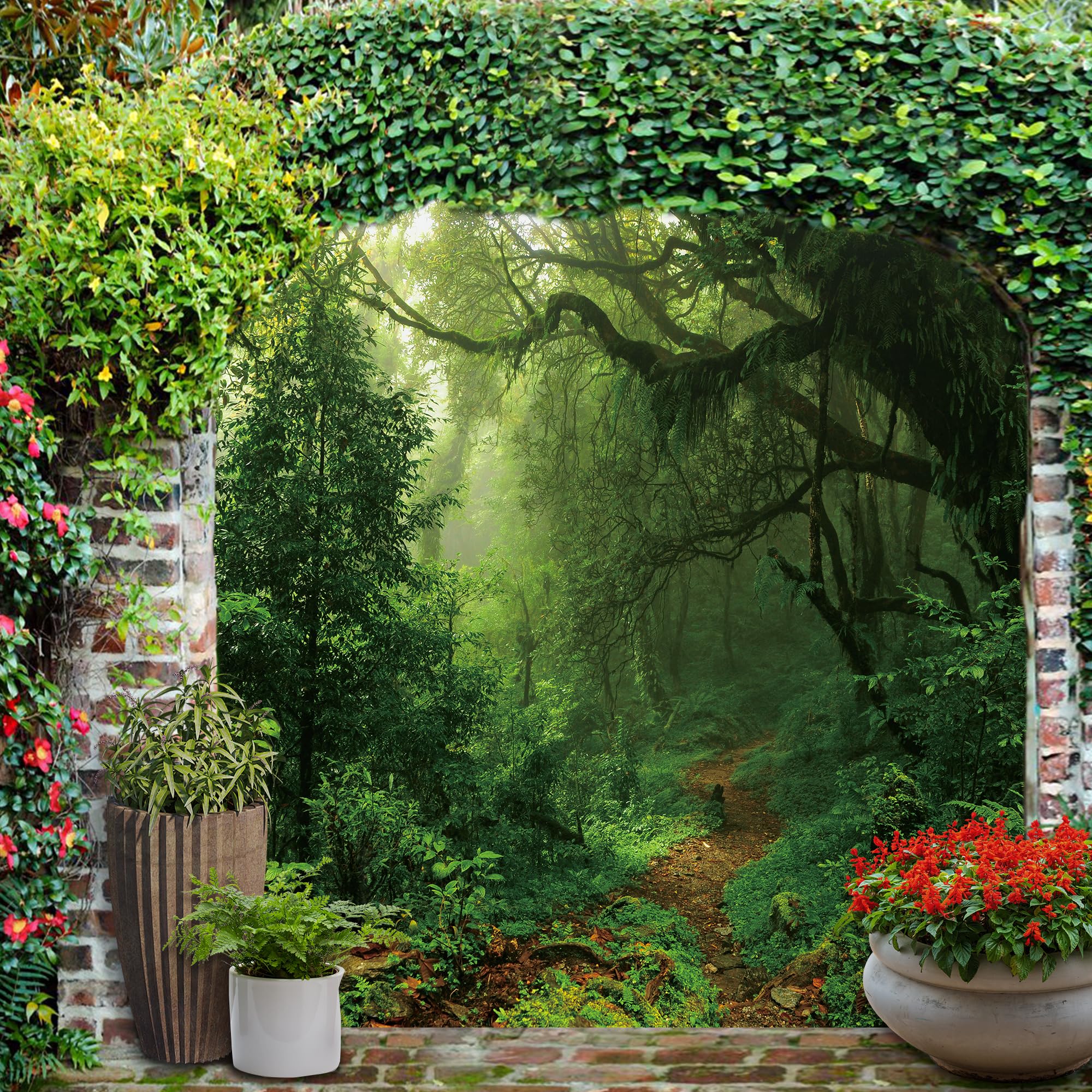 Riyidecor Jungle Rainforest Backdrop Fabric Polyester Spring Enchanted Nature Trees Green Dreamland Dirt Road Photography Background 7Wx5H Feet Decoration Props Party Photo Shoot Backdrop