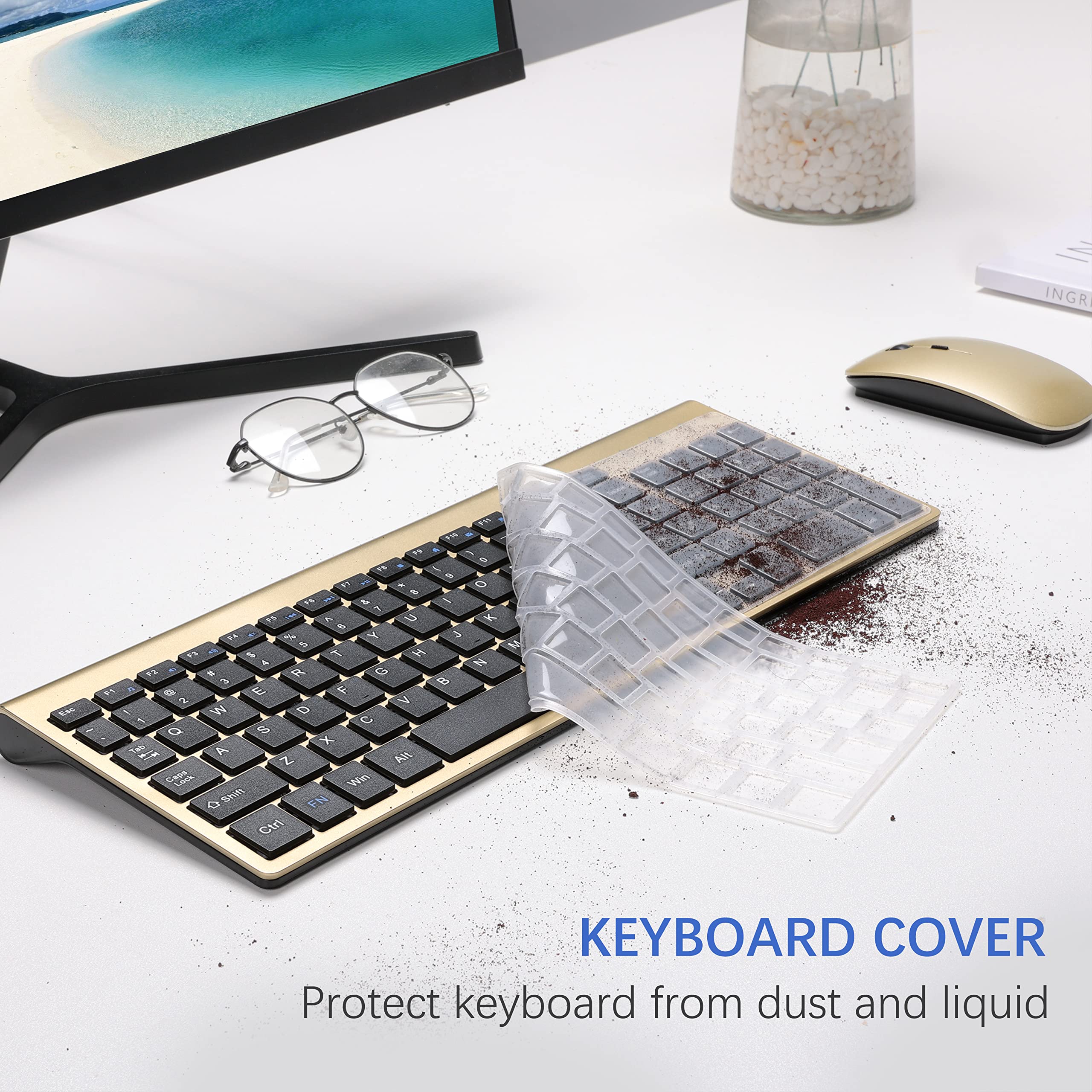 Wireless Keyboard And Mouse Ultra Slim Combo, Topmate 2.4G Silent Compact Usb 2400Dpi Mouse And Scissor Switch Keyboard Set With Cover, 2 Aa And 2 Aaa Batteries, For Pc/Laptop/Windows/Mac   Gold Black