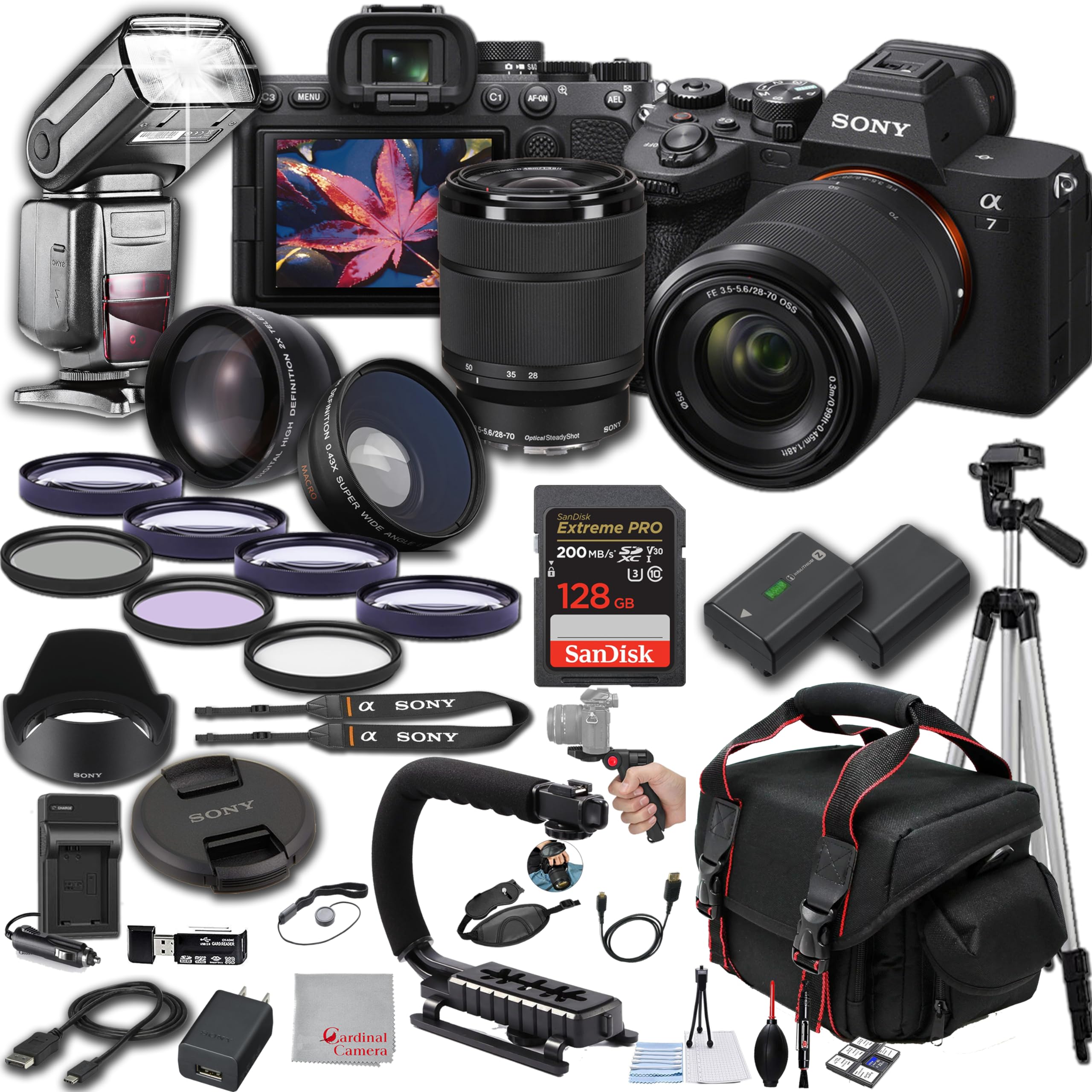 Sony A7 IV Mirrorless Digital Camera 24MP w/ 28-70mM Lens, 128GB Extreme Memory, TTL Pro Flash, Filters, Lenses, Case Tripod, Gr