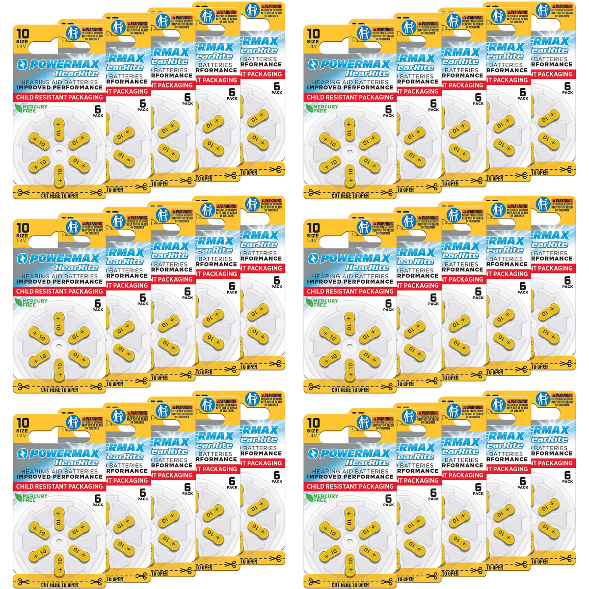 Powermax Size 10 Hearing Aid Batteries, 180 Count Long Lasting Battery Pack, Yellow Long Tab For Easy Change