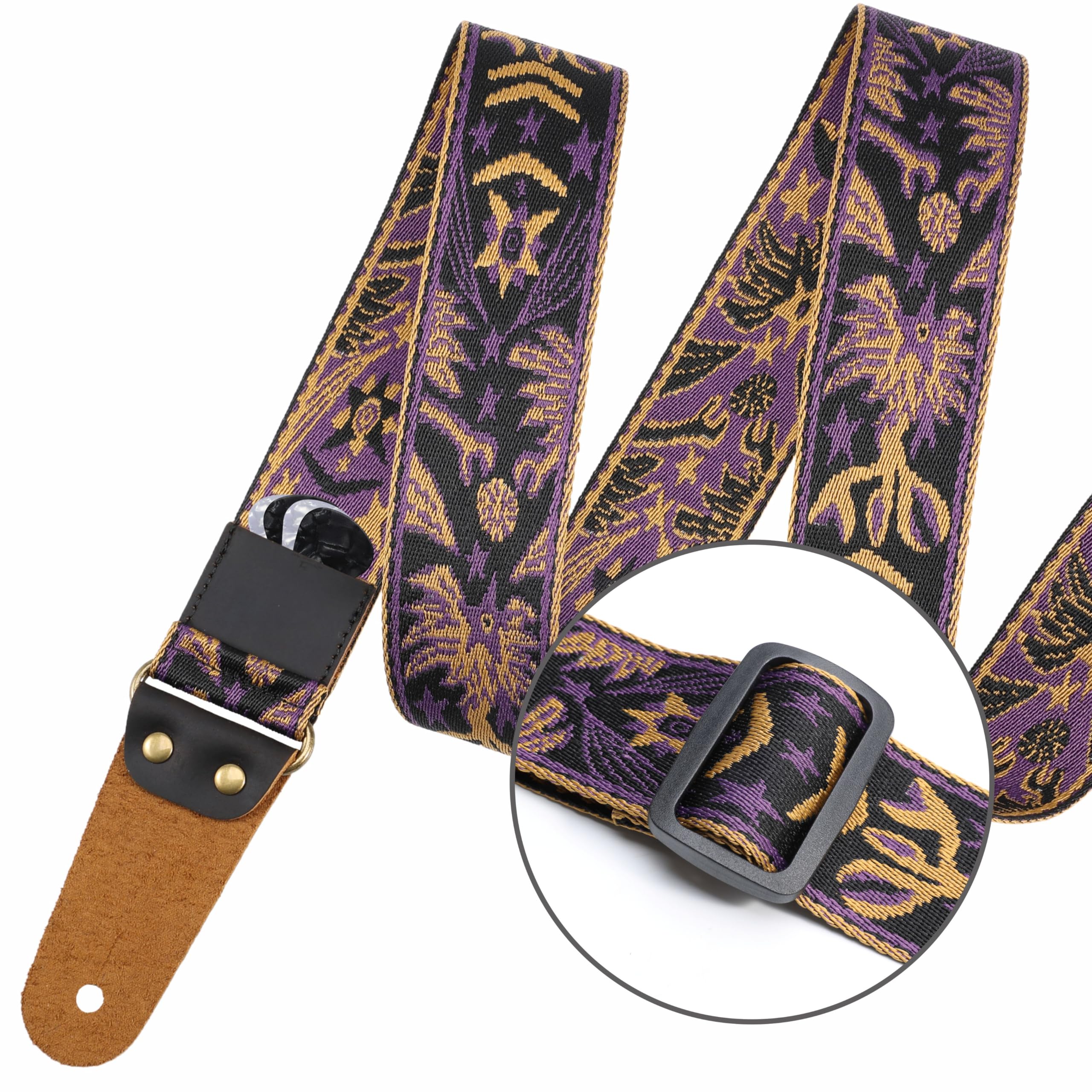 Nefelibata Guitar Strap, 2'' Embroidery Full Grain Leather Ends Guitar Straps With Hidden Pocket, For Bass, Electric And Acousti
