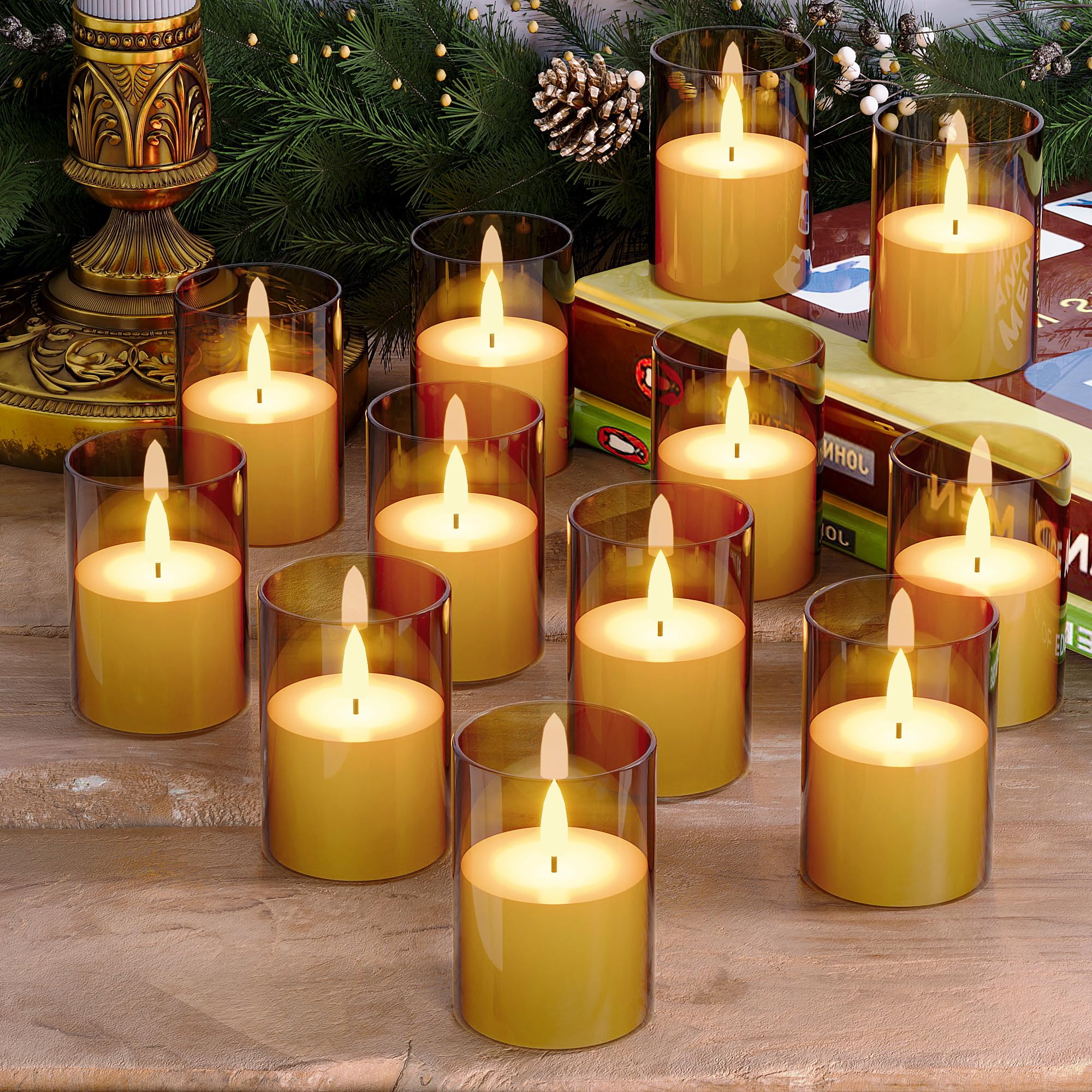 Viodaim 12Pack Flickering Flameless Candles With Timer, Led Candles Battery Powered, Small Flameless Pillar Candles, Votive Cand
