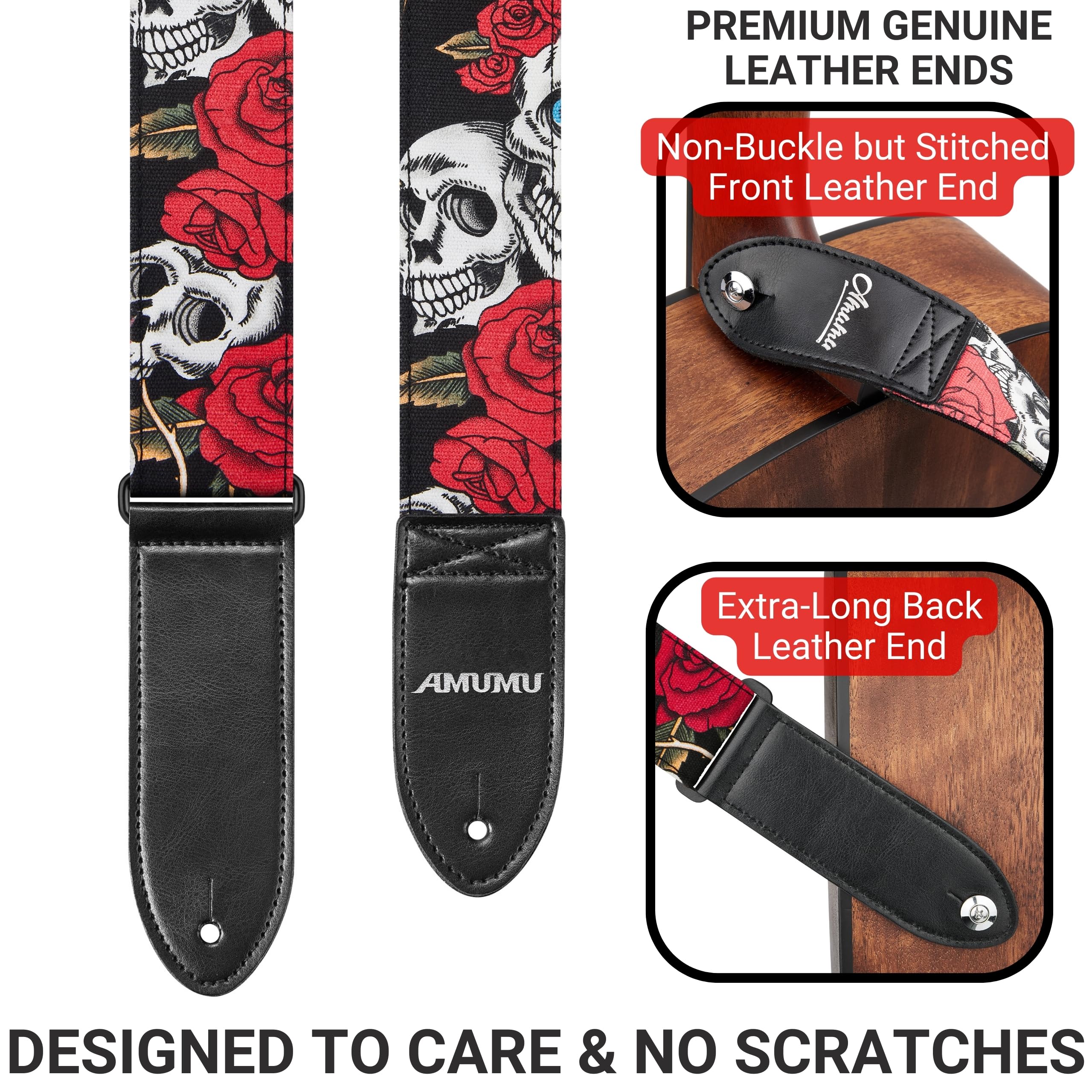 Amumu Guitar Strap - 2 Rose Skull Pattern For Acoustic, Electric And Bass Guitars, Adjustable 36 - 63