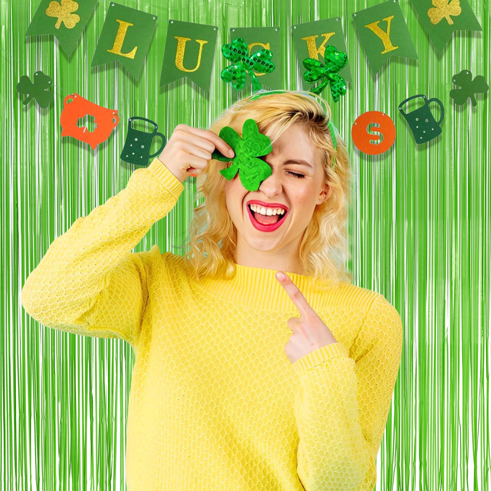 Lime Green Streamers Party Backdrop   Greatril Tinsel Curtain For St Patrick'S Day/Frog/Wizard   3.2Ft X 8.2Ft   2 Packs